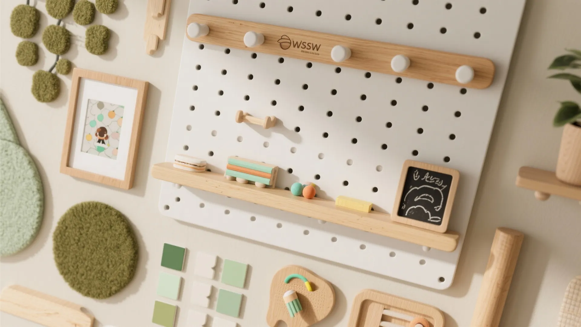 Close up of a white pegboard with wooden shelves small toys and green wall decorations