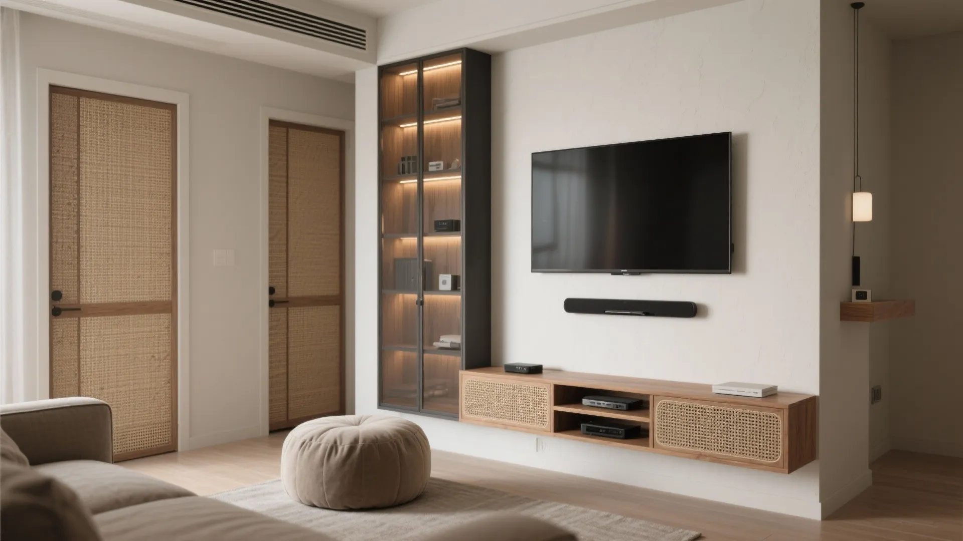 Go vertical: wall-mount the media and use tall, slim storage