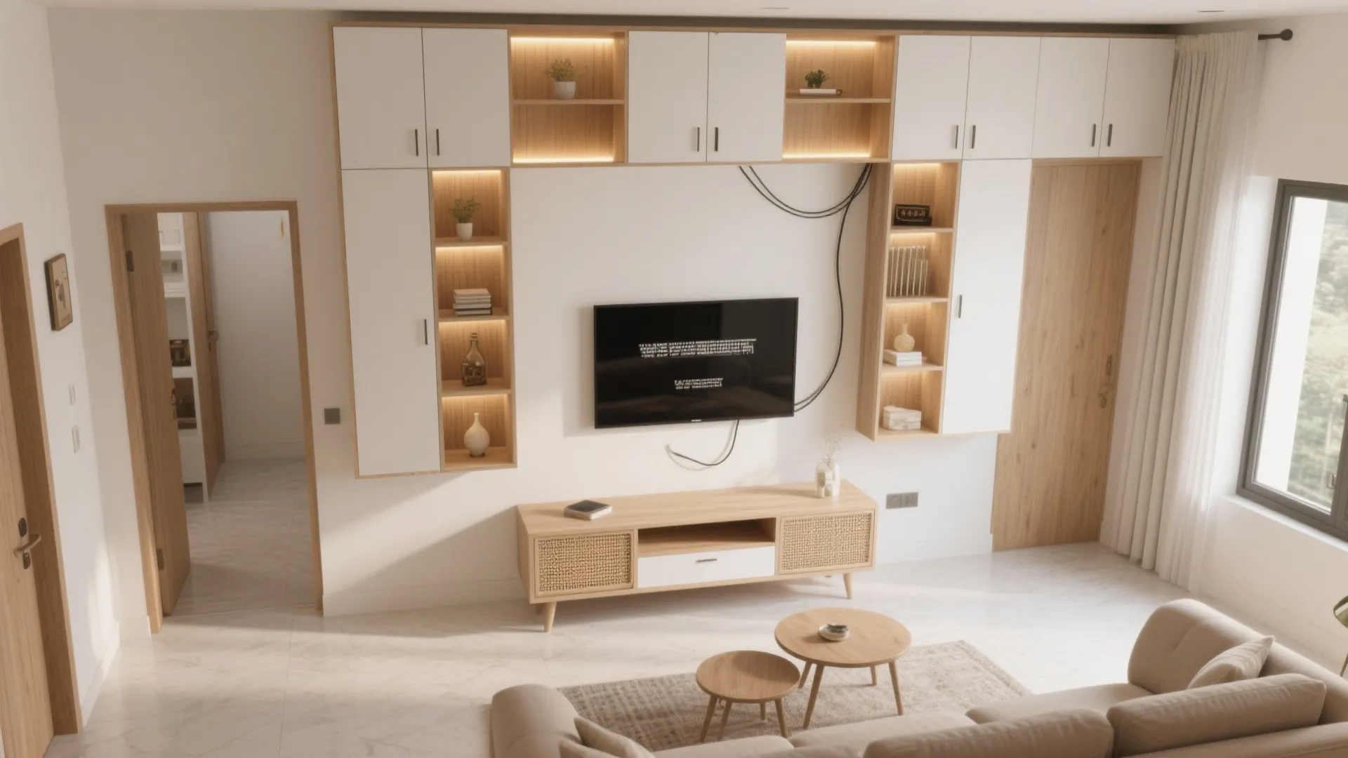 Modern living room featuring white wall cabinets with wood shelves, television, sofa, and round tables