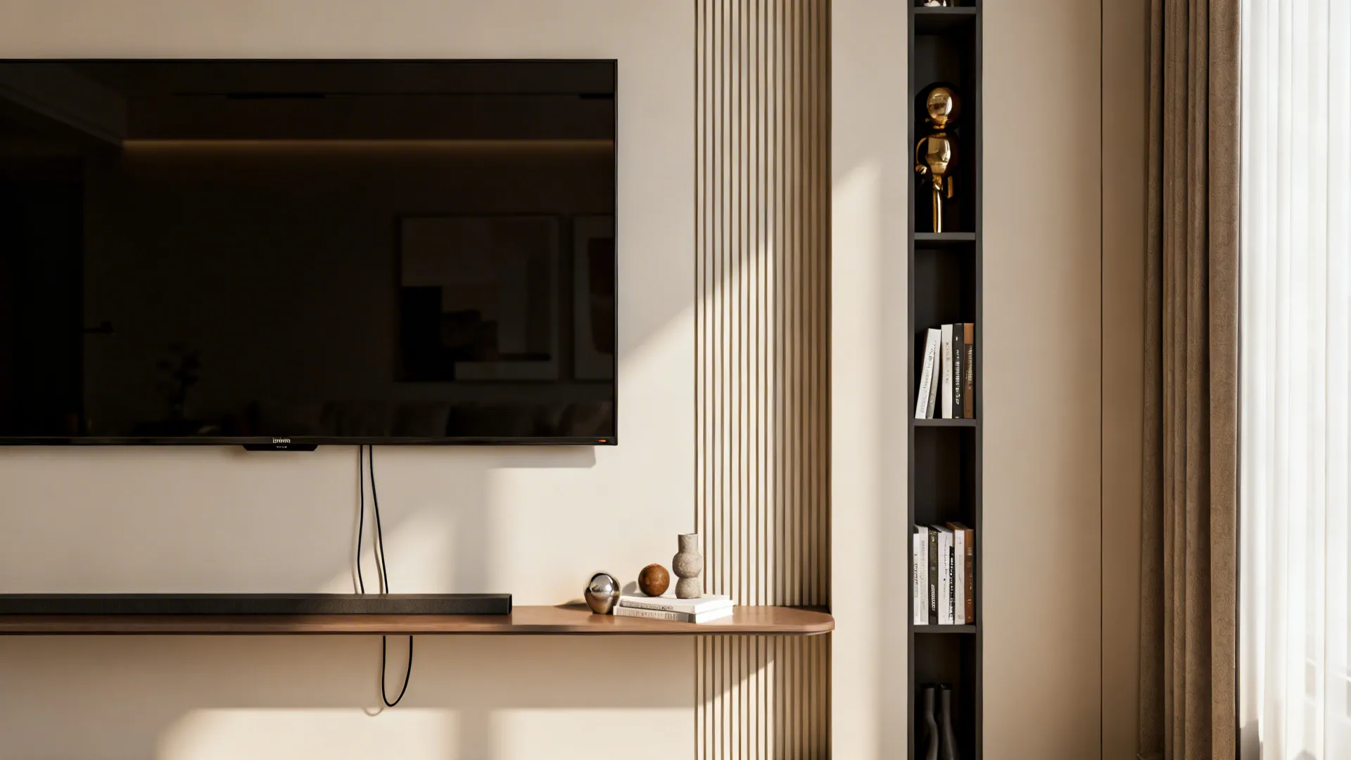 Slim wall-mounted TV with narrow console and tall bookcase creating vertical focus.