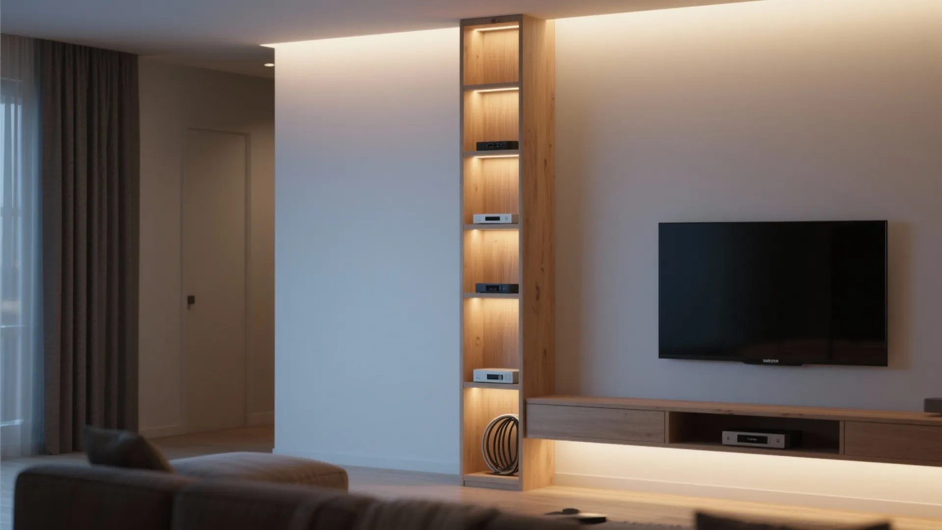 Minimalist living room with wooden shelving unit next to television and glowing warm light effects