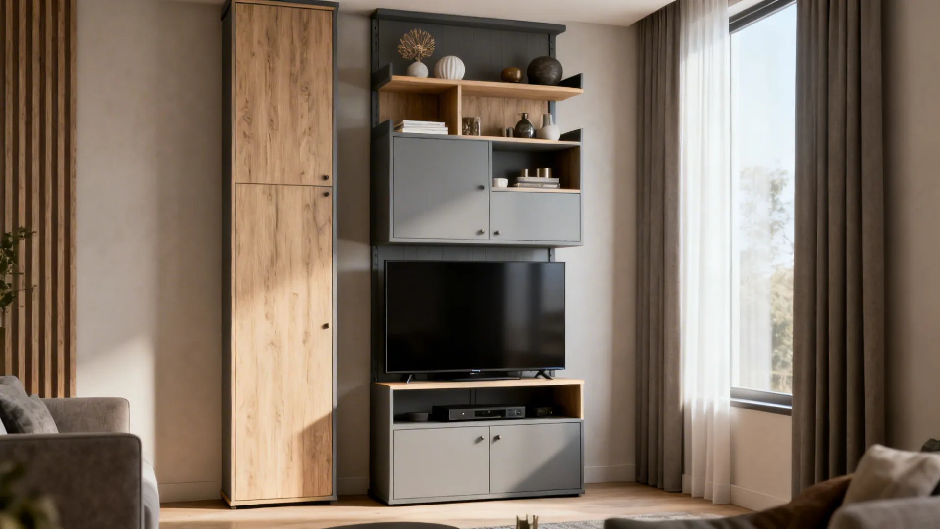 Slim vertical media tower with stacked TV, shelves and cabinets in a narrow living room