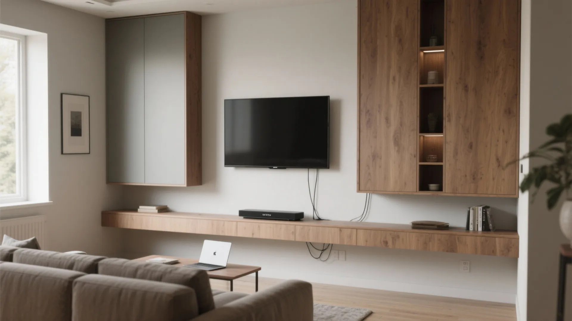 Compact media wall with mounted TV, shallow shelf, cord channels, and tall cabinets in warm finishes.