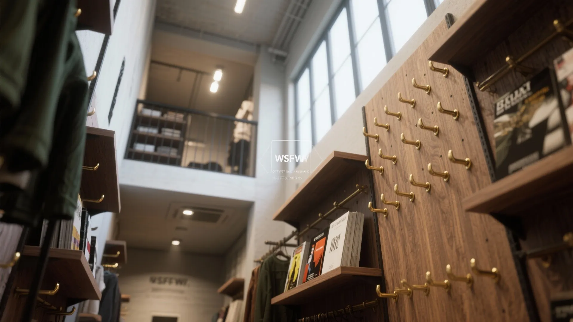 Tall narrow shelving and peg rails in a small shop, showing vertical merchandising and mezzanine storage.