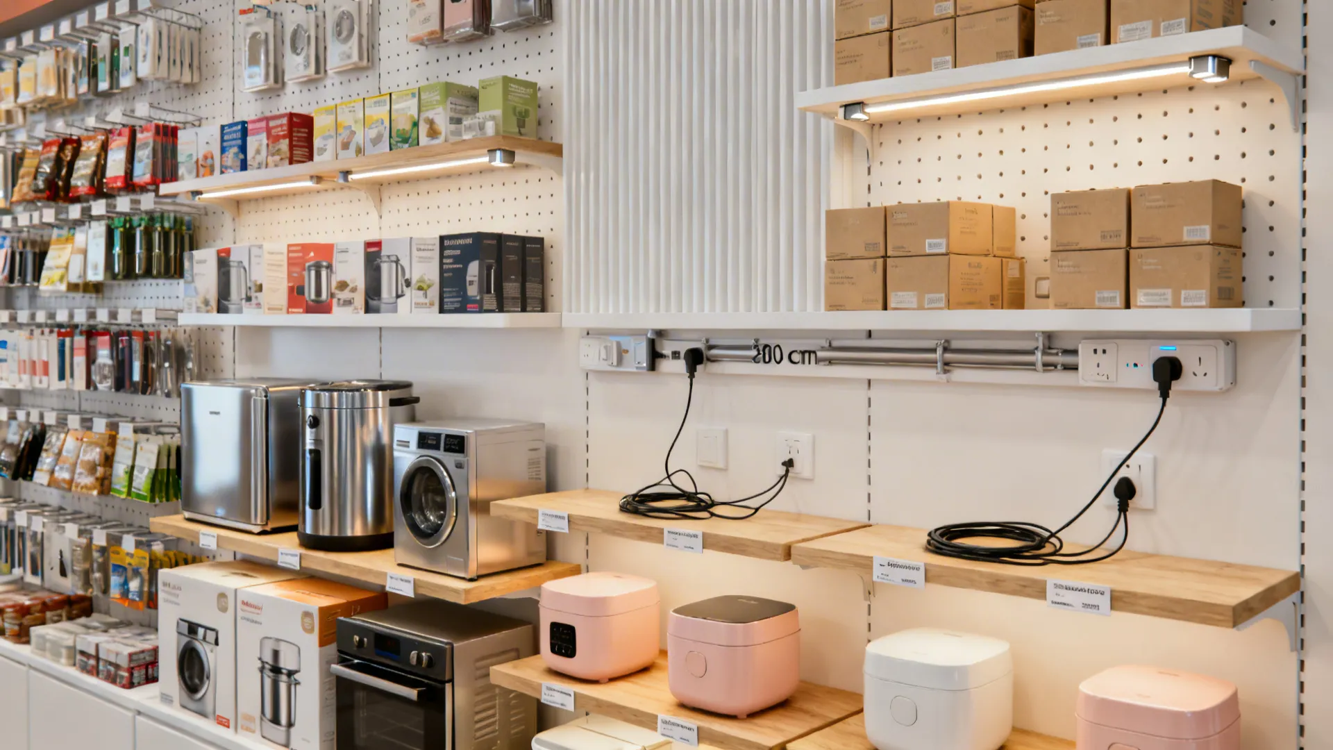Retail display with white wall panels wooden shelves showing kitchen appliances and many small products
