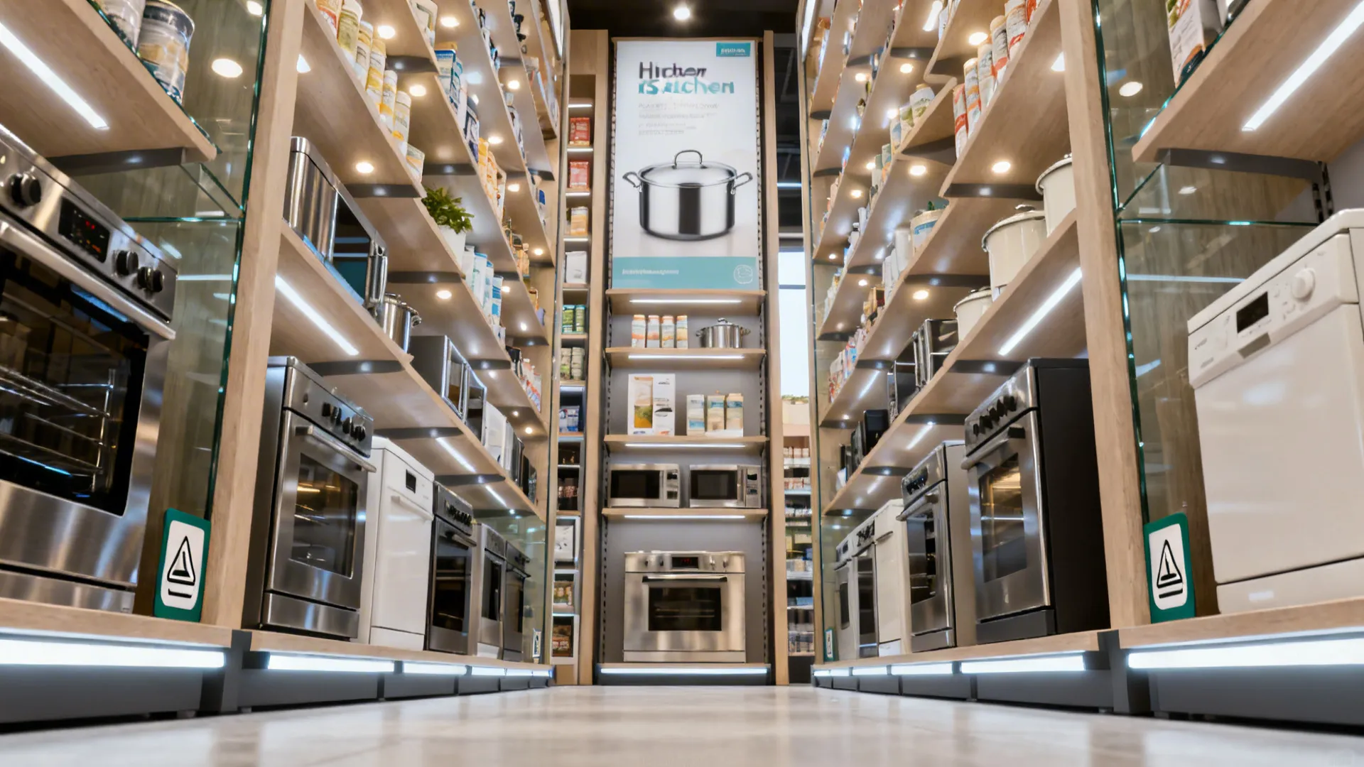 High retail display shelves filled with ovens microwaves and kitchen appliances in a bright modern shop