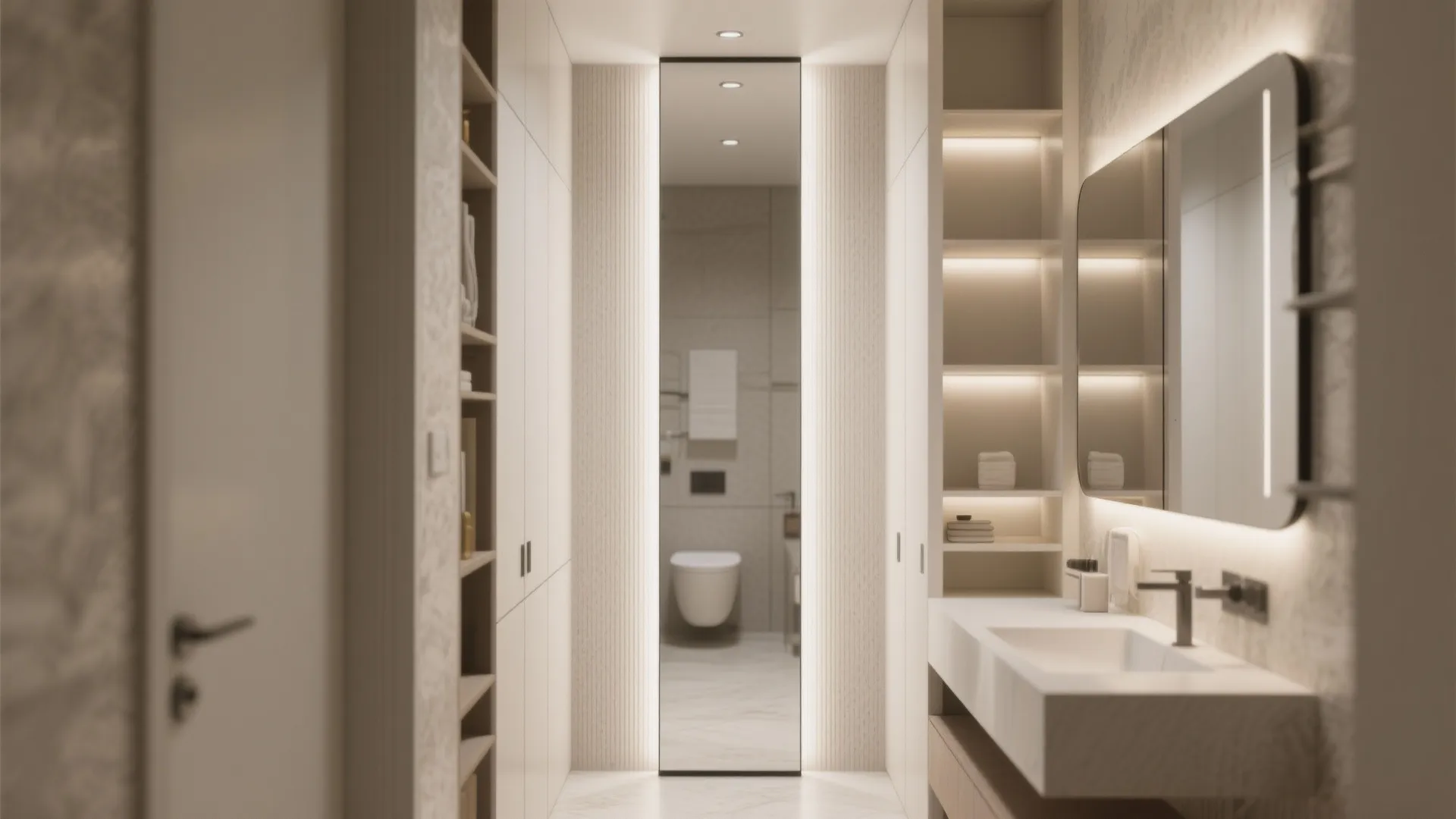 3. Vertical thinking: tall mirrors and recessed shelving