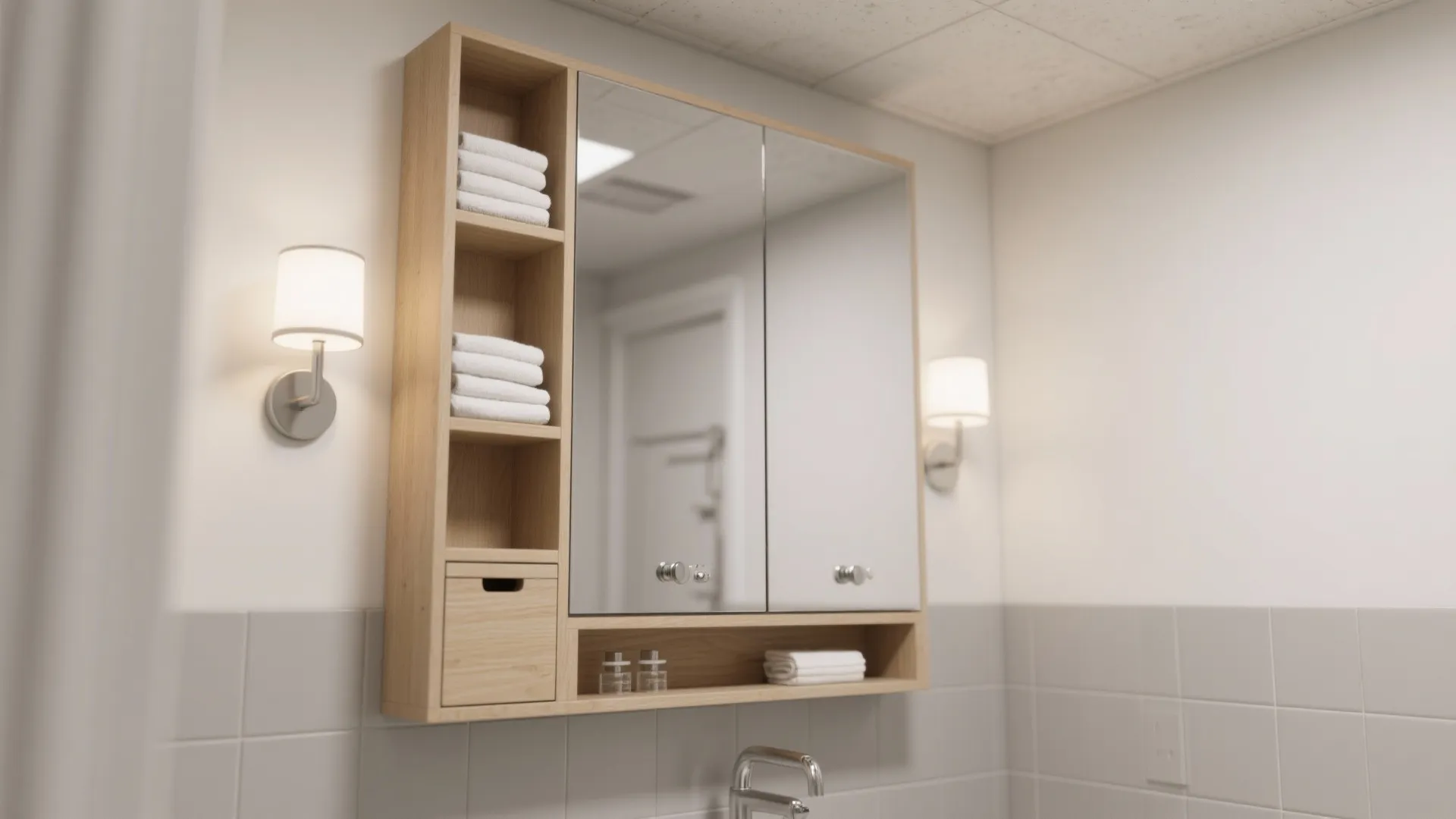 Modern wooden bathroom cabinet with mirror doors, open shelves, white towels, and two wall lights