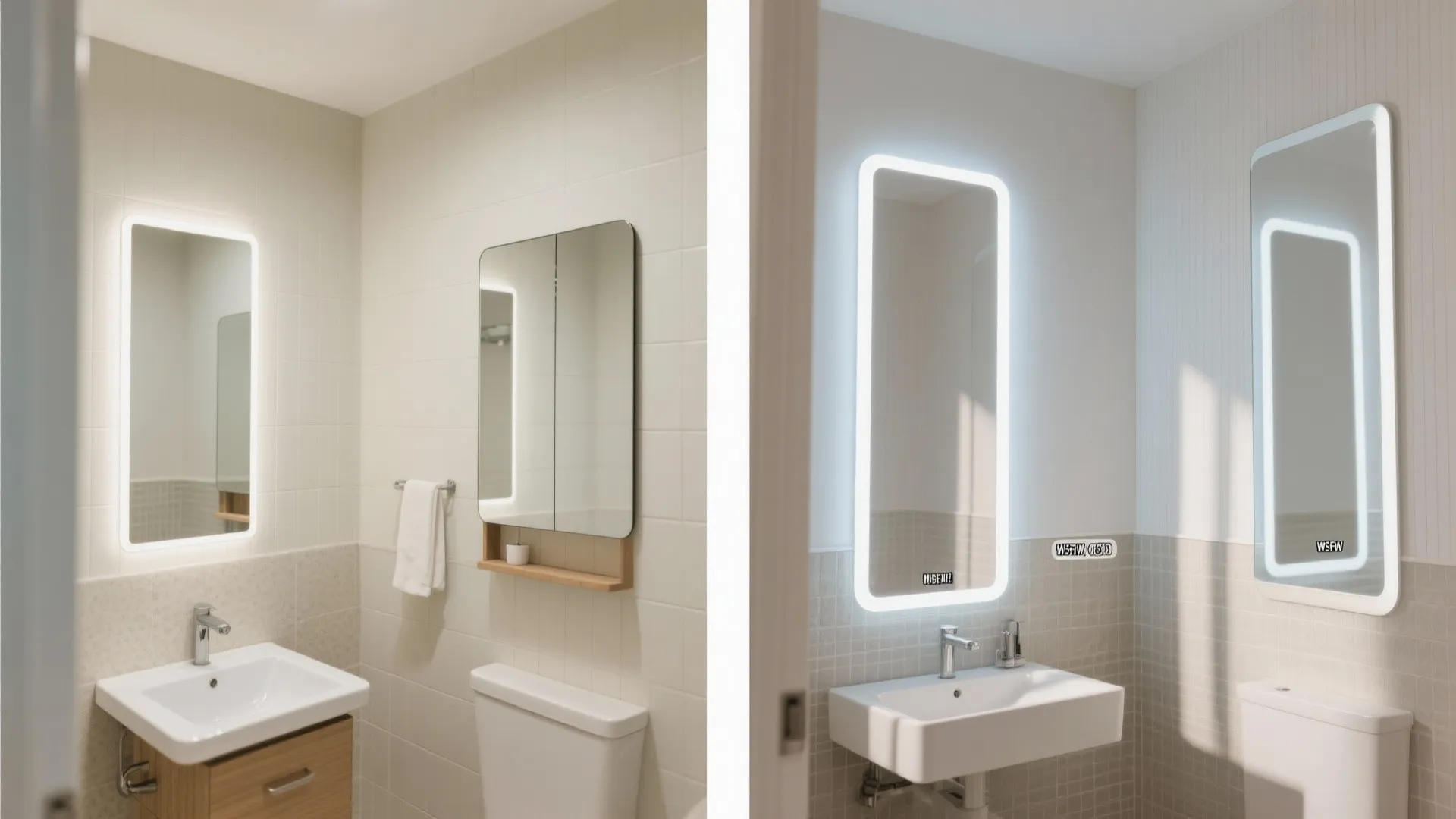 Before-and-after view comparing a short mirror to a tall vertical mirror in a small bath.