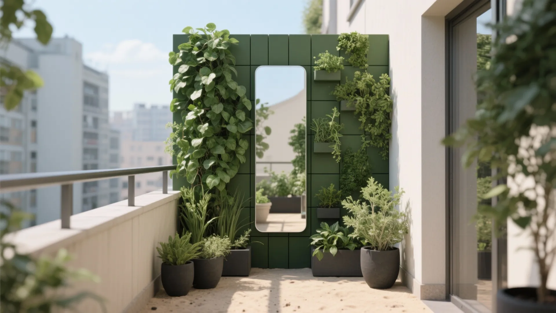 2) Vertical green wall + mirror trick for depth-rich photography