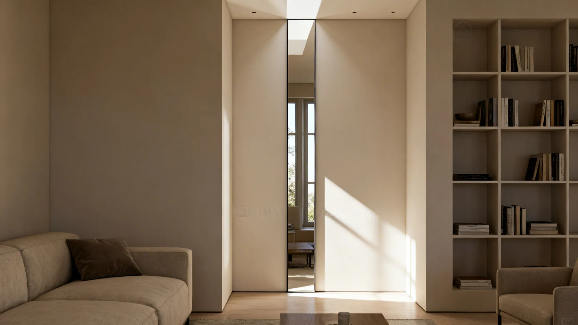 Minimalist living room with beige sofa vertical mirror strip and tall wall bookshelf with books