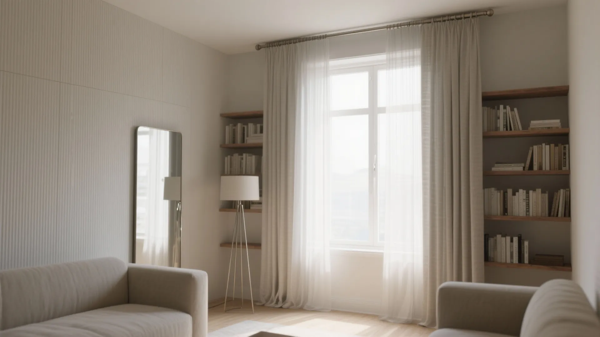 Bright living room featuring beige sofa floor lamp vertical wall mirror and bookshelf by window