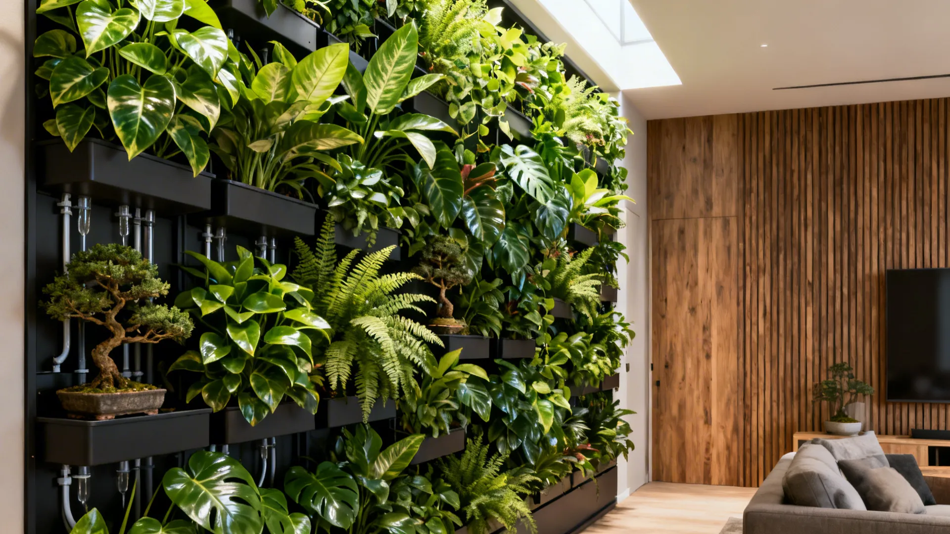Vertical living wall with pothos, philodendron, ferns and a small bonsai in removable planters with hidden drip irrigation.
