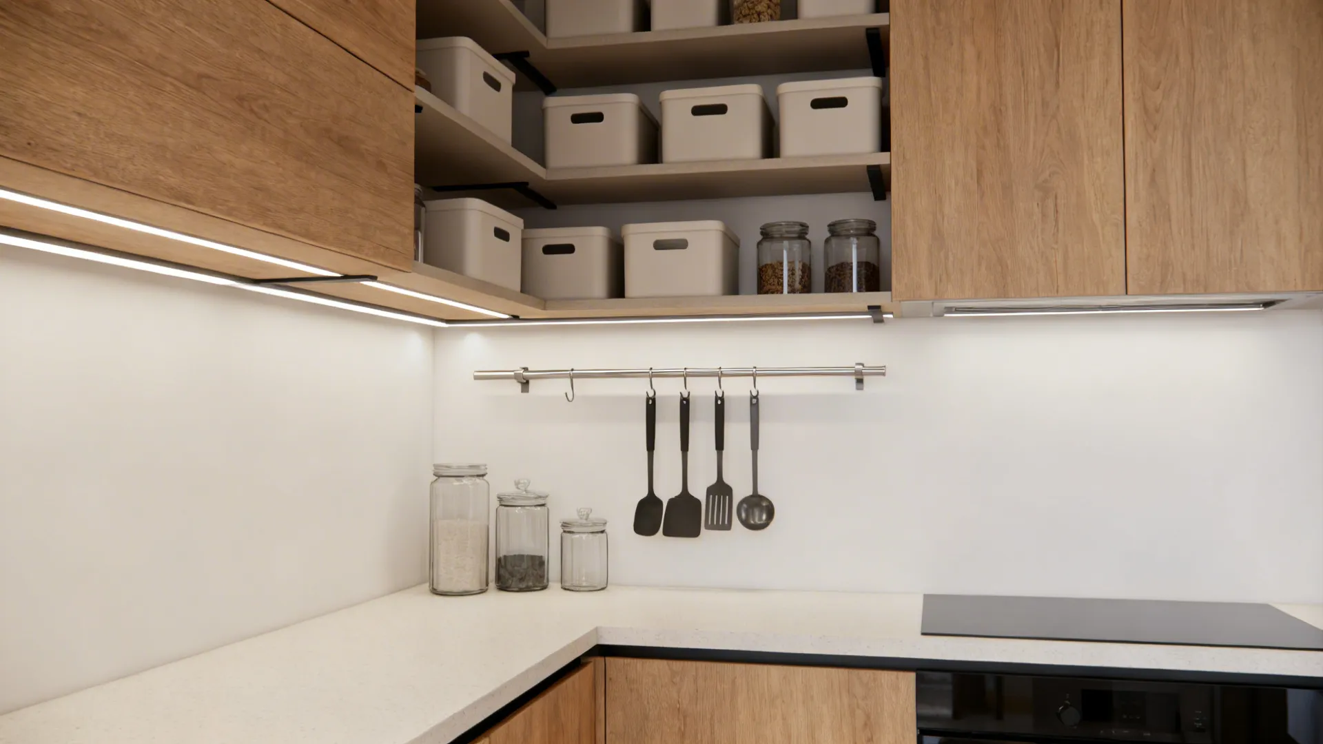 Modern kitchen corner with wood cabinets white storage bins hanging tools and bright under cabinet lighting