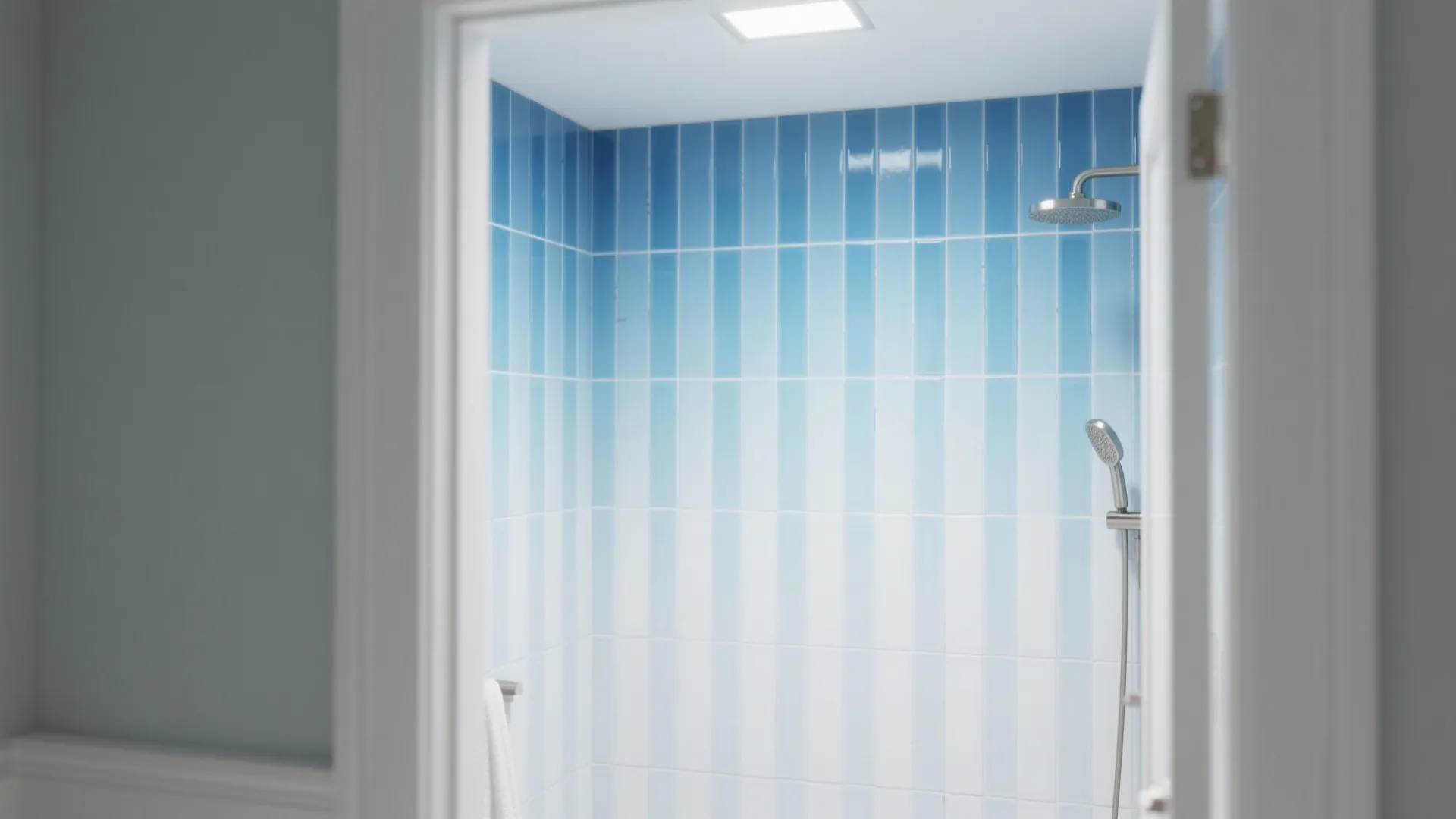 Shower wall with slim vertical mosaic stripes and a soft blue ombre band that visually lifts a small bathroom.