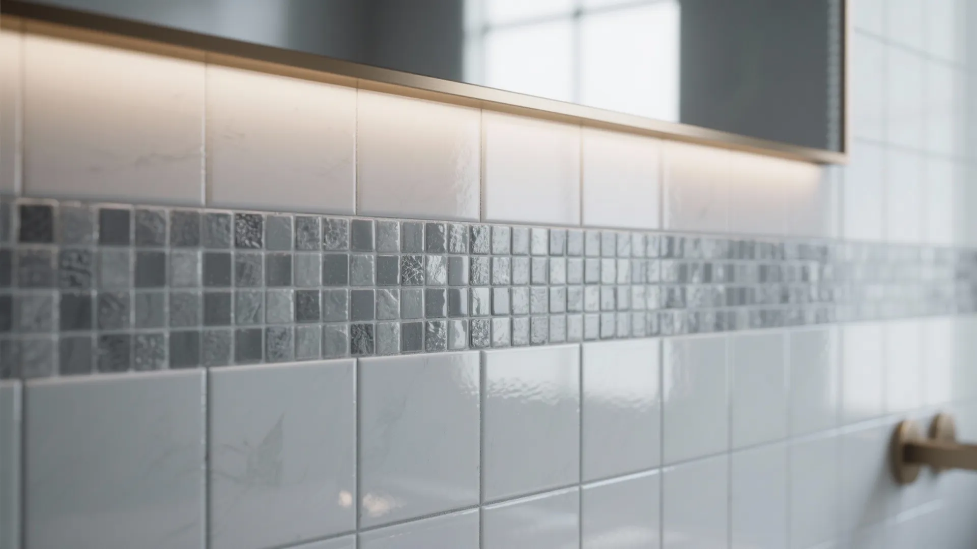 White square wall tiles with gray mosaic border strip below a mirror with warm lighting