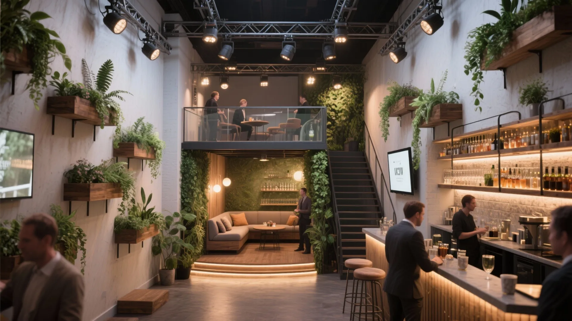 Hanging greenery, shelving for bar service, and a small mezzanine in a compact event space.