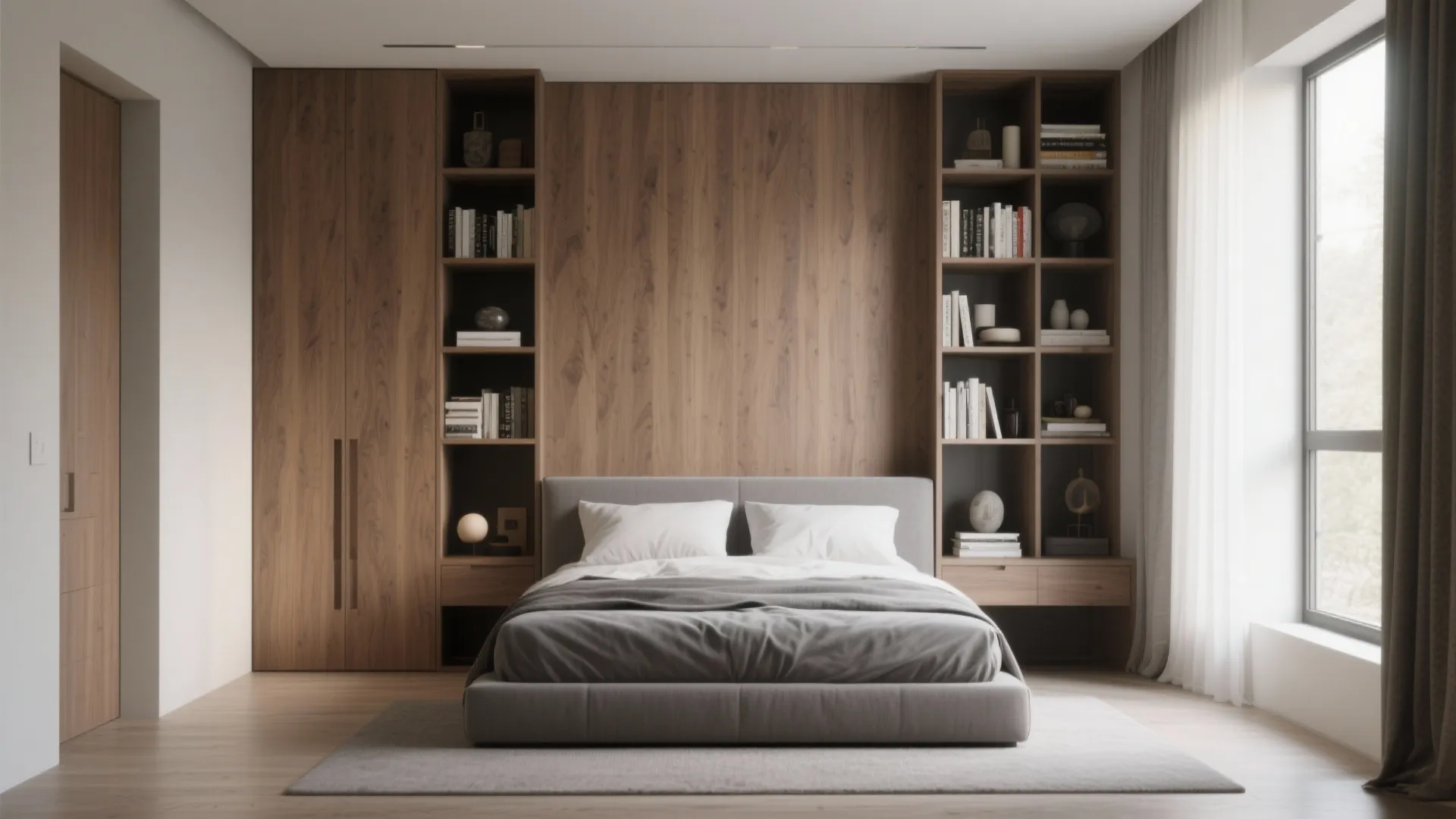 1. Vertical Murphy bed with built-in shelving