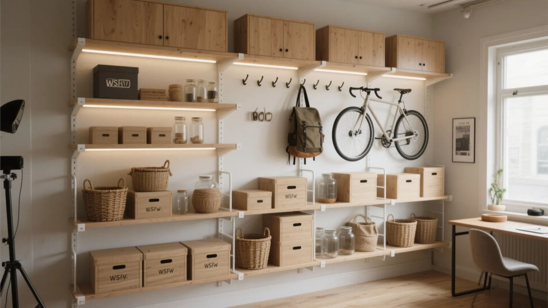 Wall shelving system with wooden boxes woven baskets a hanging bicycle and small work desk