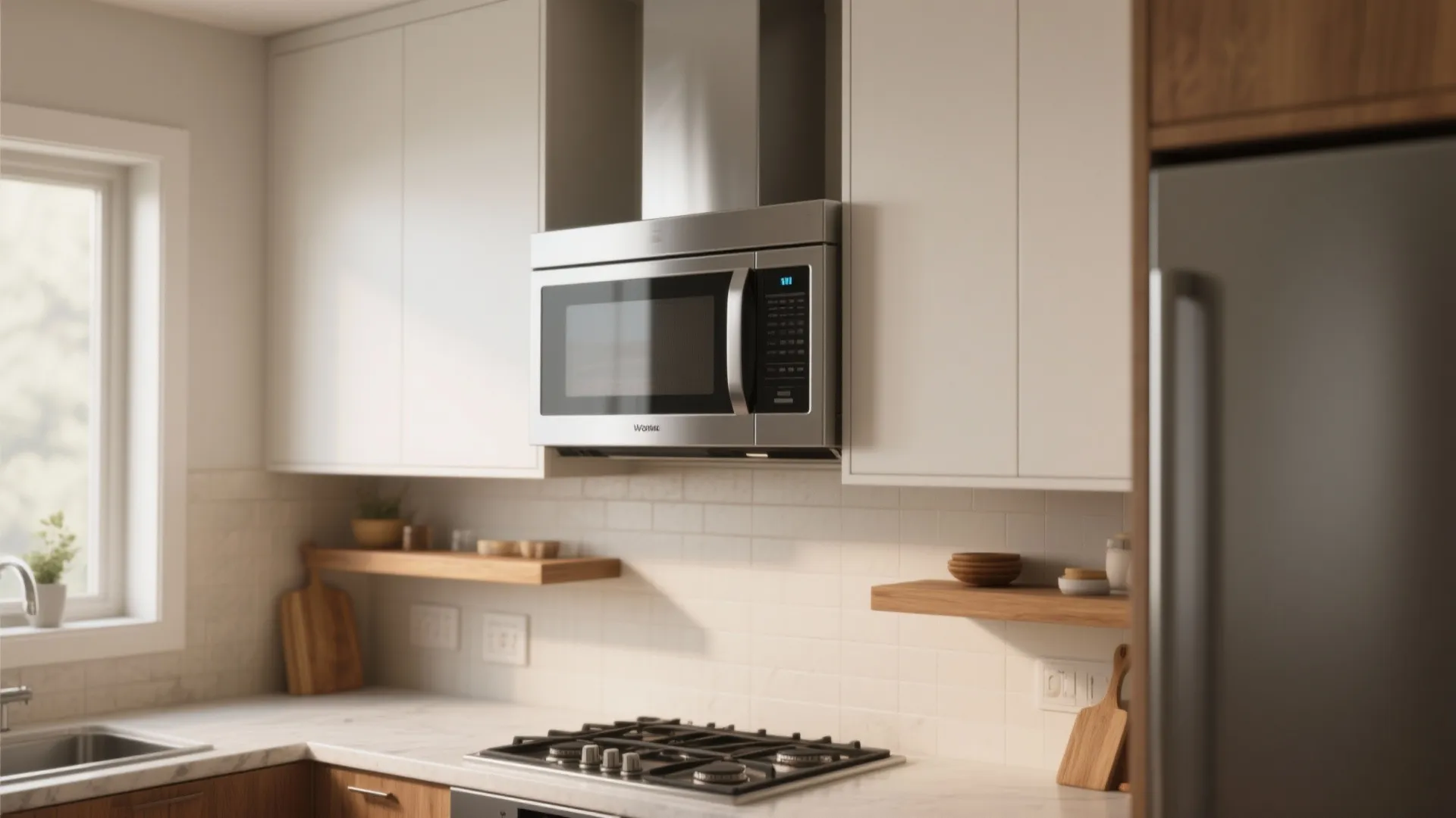 Over-the-range microwave mounted above a stove in a compact kitchen, showing vertical space usage.