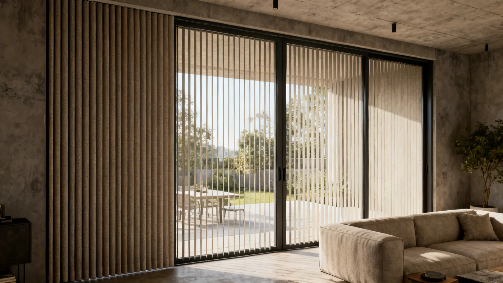 Loft living room with narrow-slat vertical blinds on sliding doors, keeping sightlines and scale balanced.