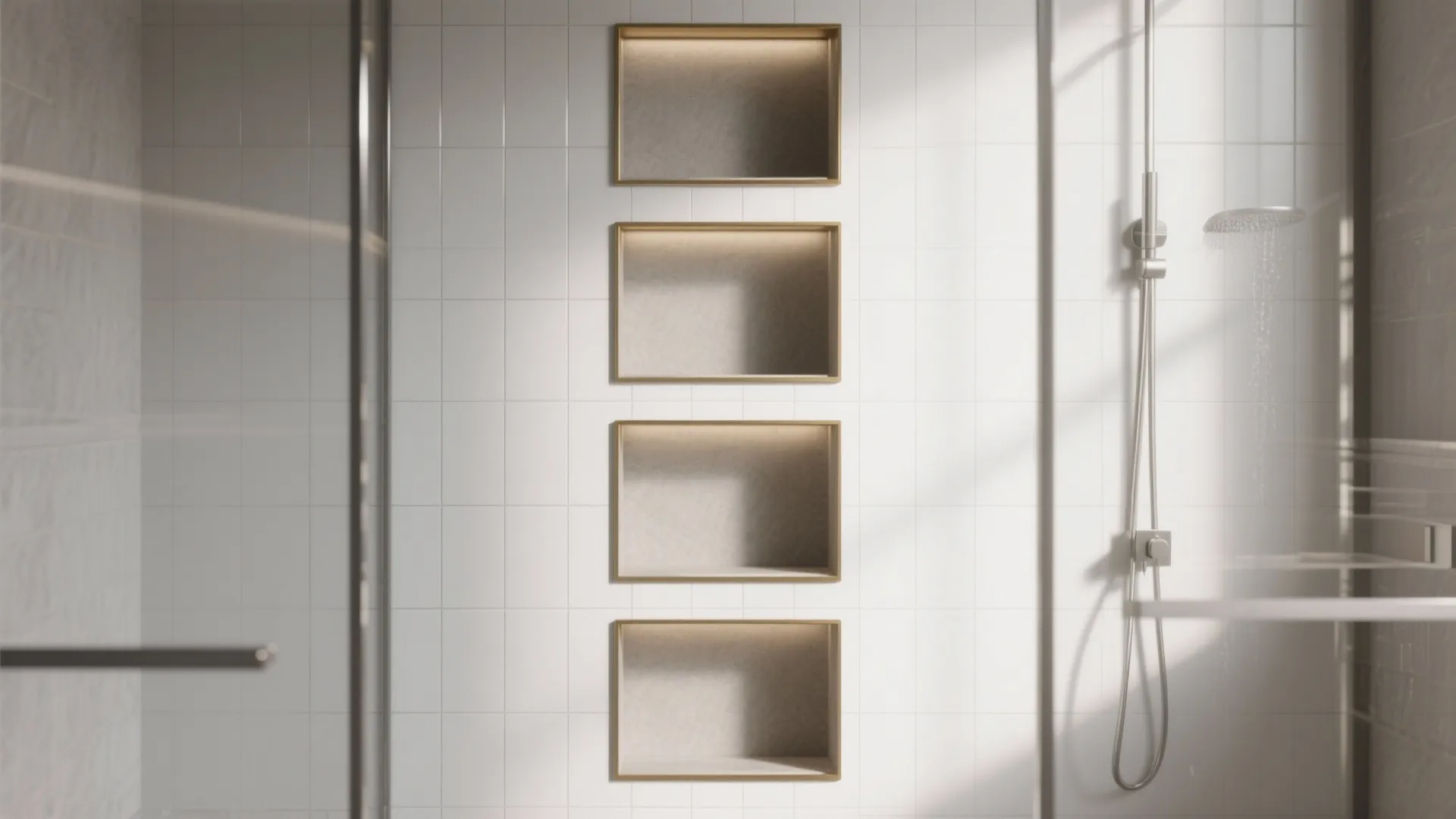 Modern white tiled shower wall featuring four built-in vertical shelf niches with warm LED lighting