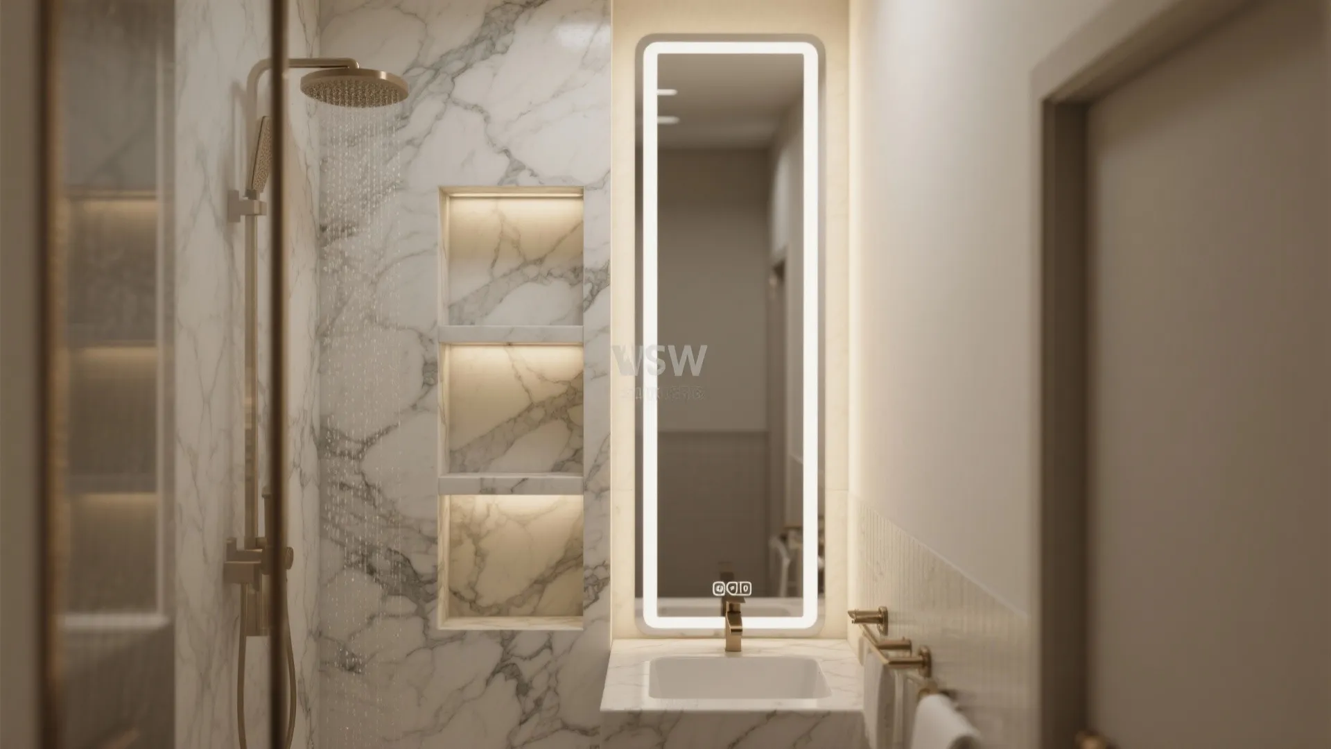 2. Go vertical with slim marble niches and tall mirrors