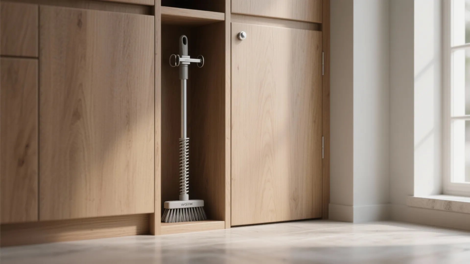1. Slim telescopic brush stored vertically in a corner niche