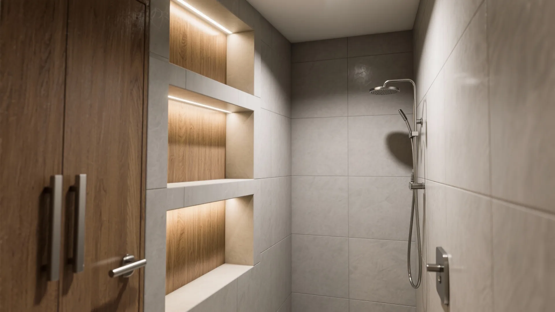 Modern shower room with grey wall tiles wooden wall niche storage and built in lights