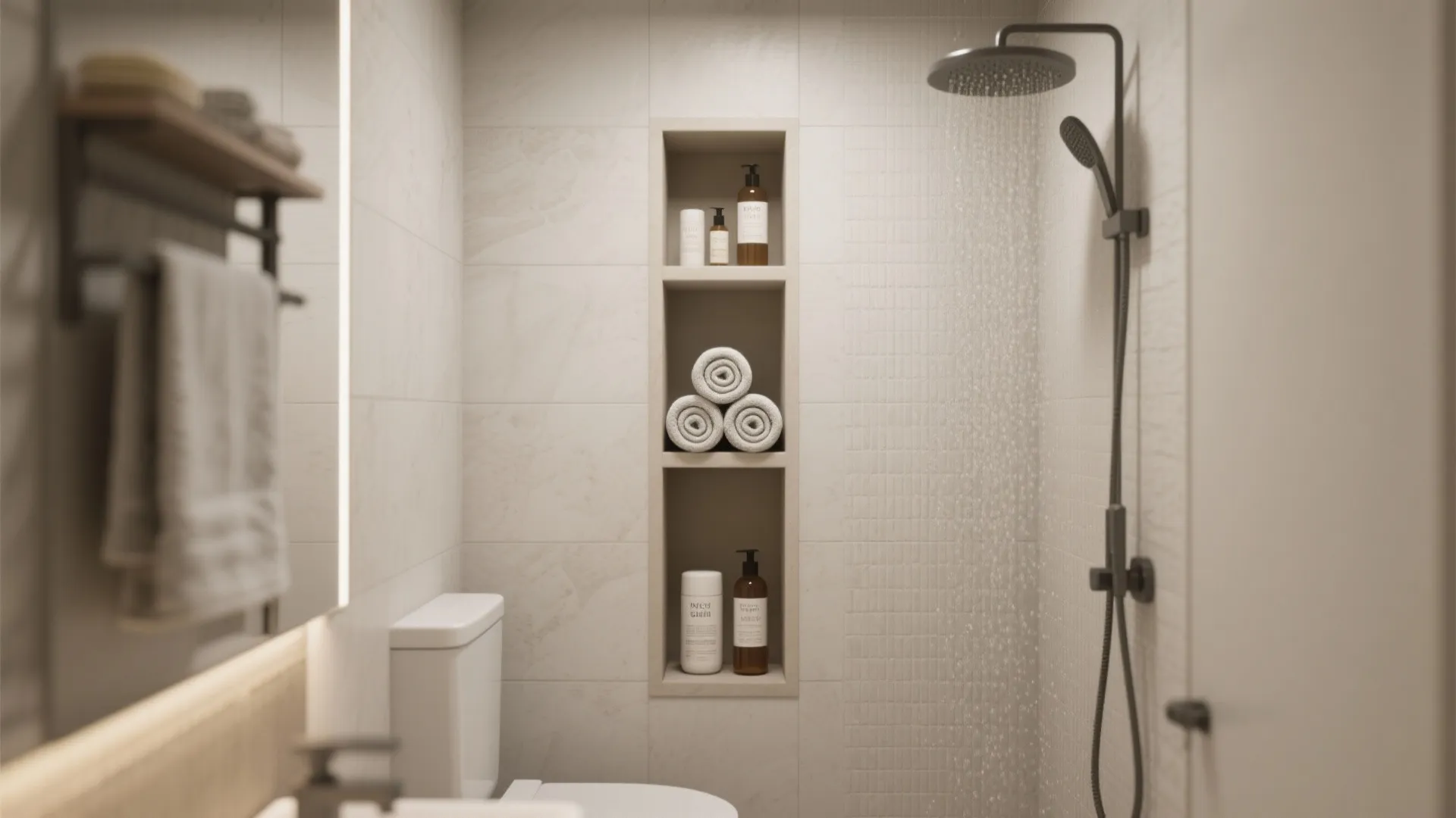 Modern bathroom with wall storage niche holding bottles and towels next to a black shower
