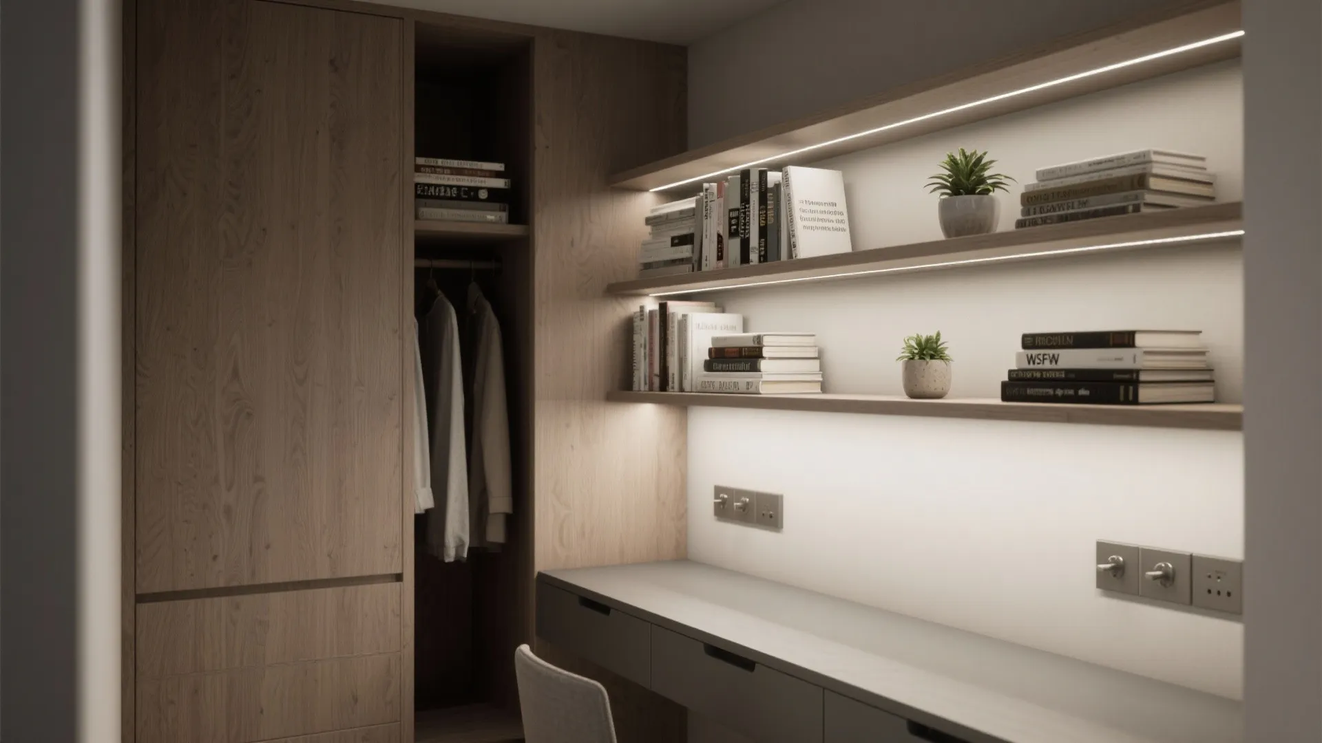 Modern wooden study area with desk, shelving, clothes closet, books, small plants, and warm light