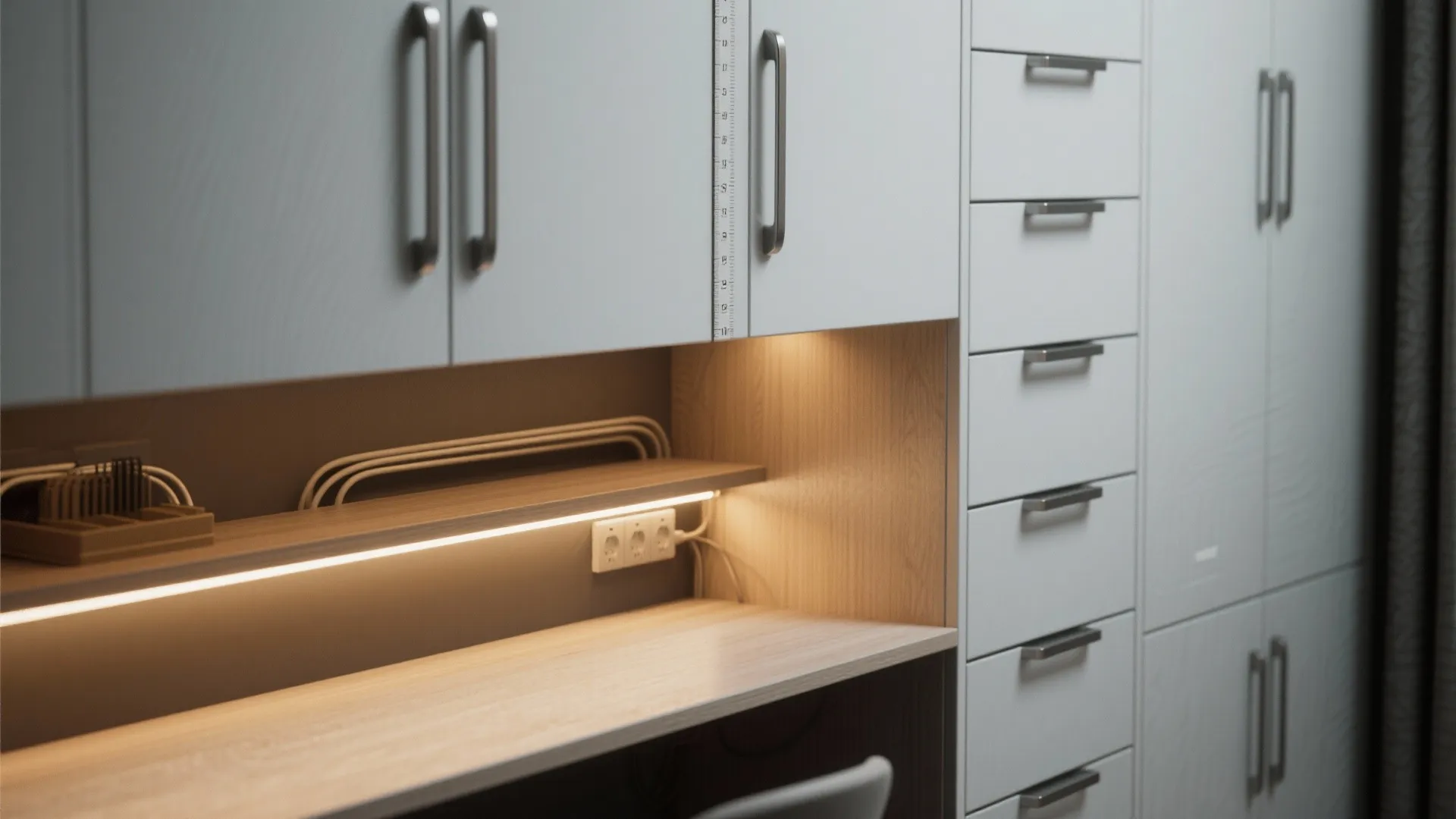 5. Vertical nook with stacked storage and slim desktop — vertical wins