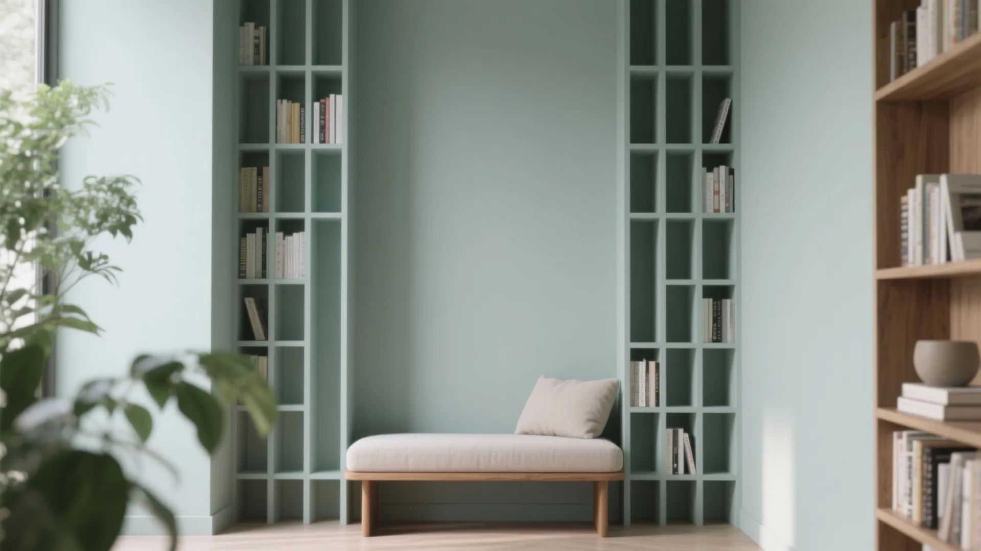 2. Vertical Nook: Tall Shelves + Slim Seating