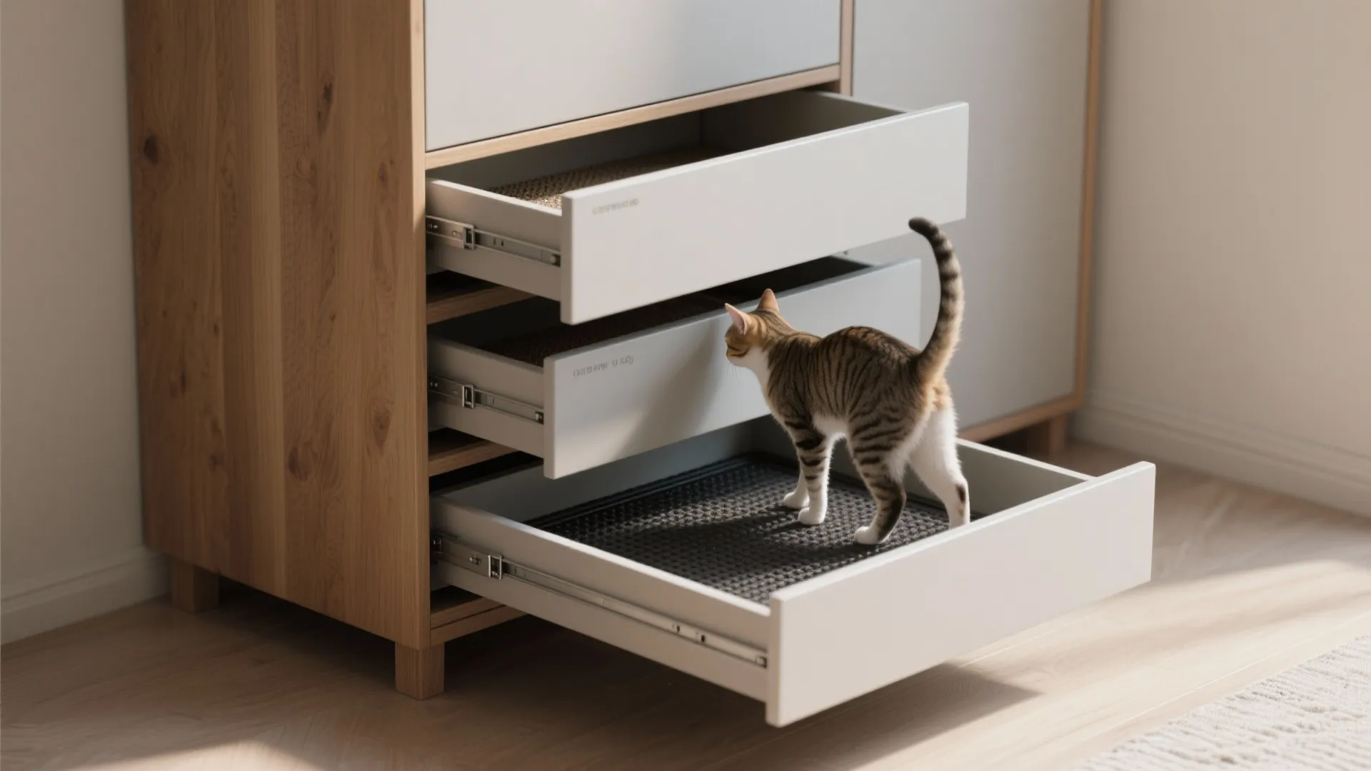 Tabby cat standing inside an open white drawer of a wooden cabinet in a room
