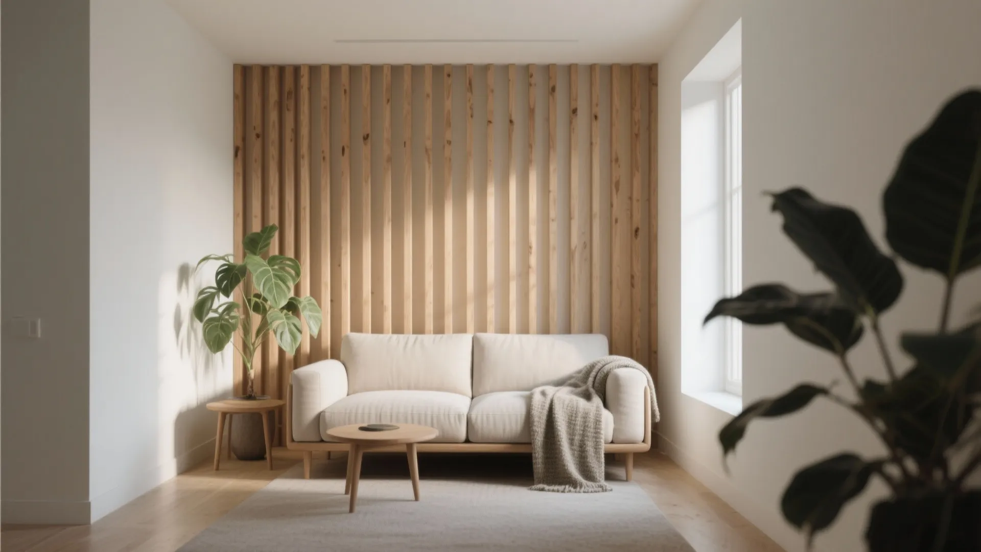 Vertical Slat Wall for a Calm Living Nook