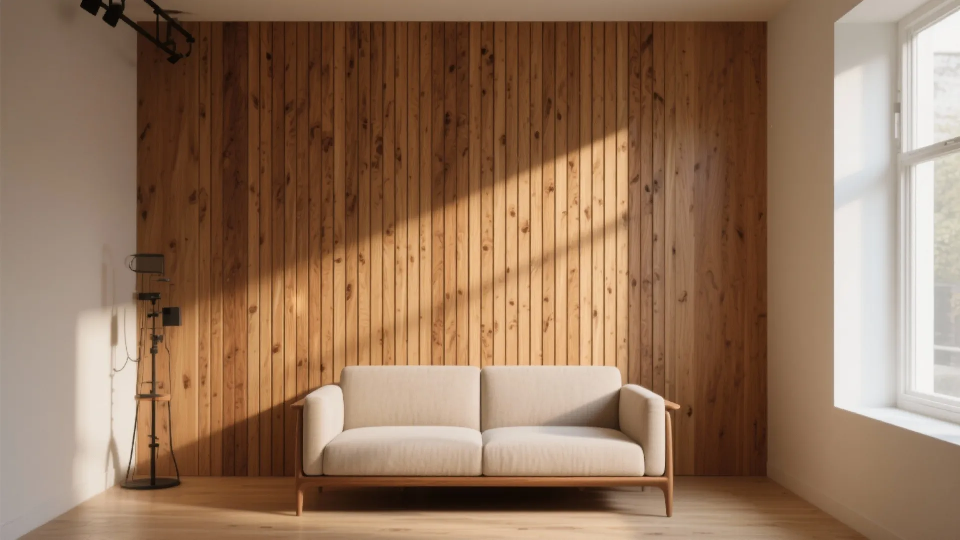 Studio interior with vertical oak slats lifting the ceiling, showing warm wood grain and small reveals.