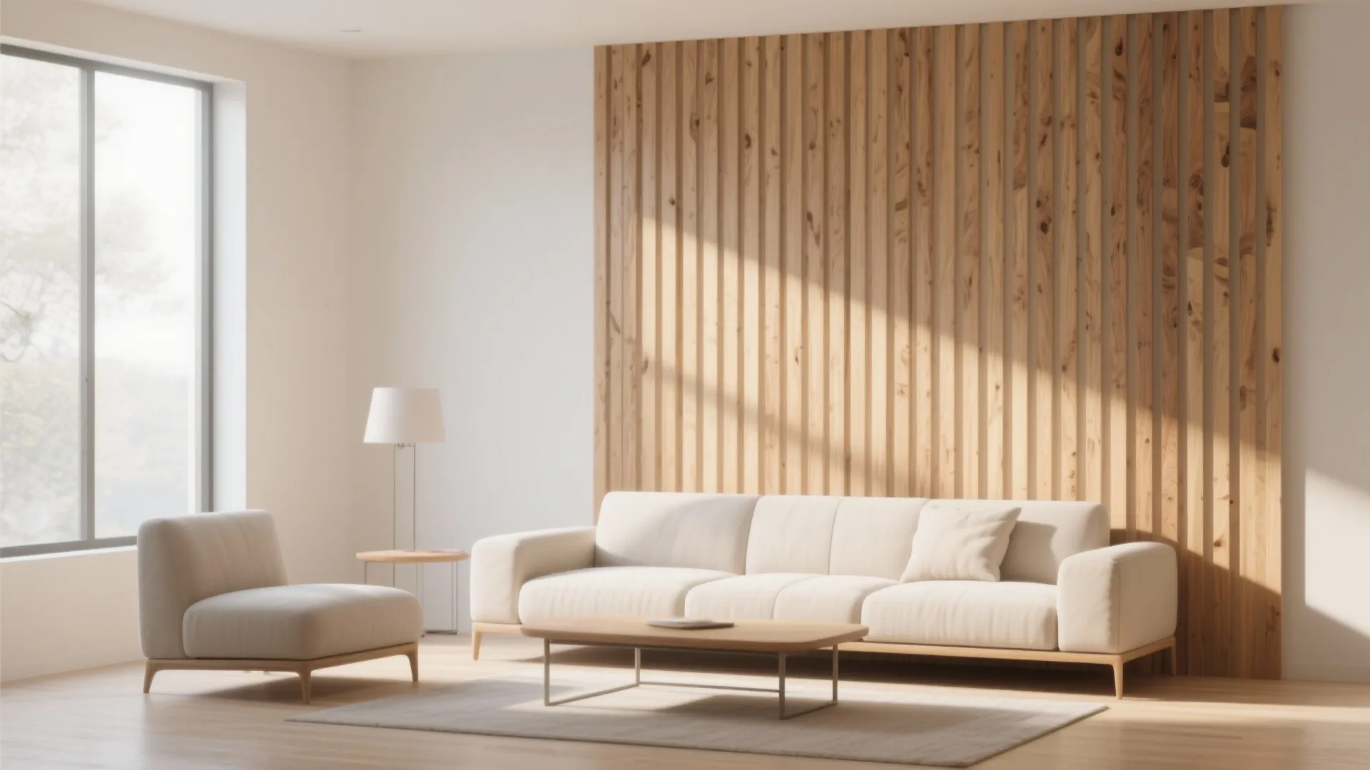 Minimalist living room featuring cream sofa wooden wall panel simple coffee table and large side window