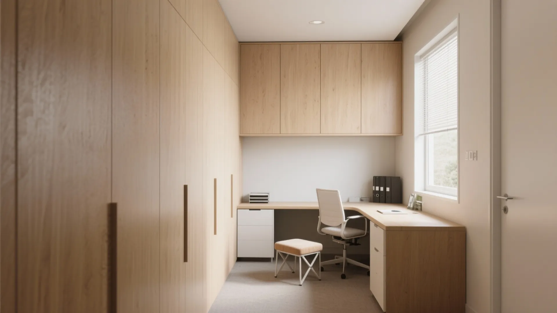Modern home office with tall wooden storage cabinets a corner desk and a white chair
