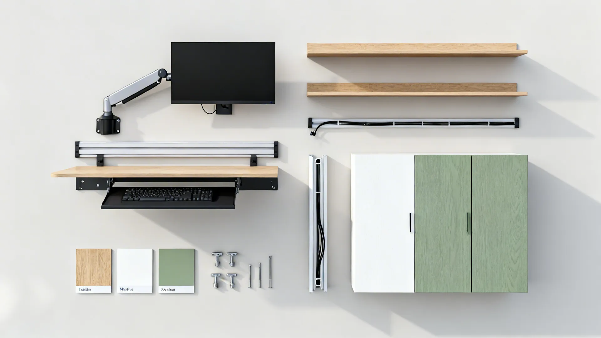 Flatlay of wall-mounted office system components: shelves, monitor arm, keyboard tray, and hardware