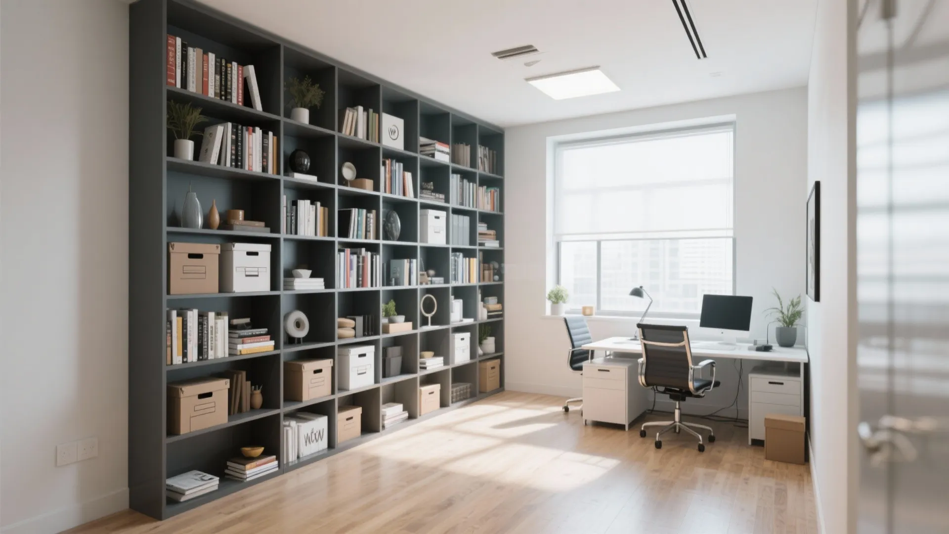 Large dark grey bookshelf filled with books next to a white desk and office chairs