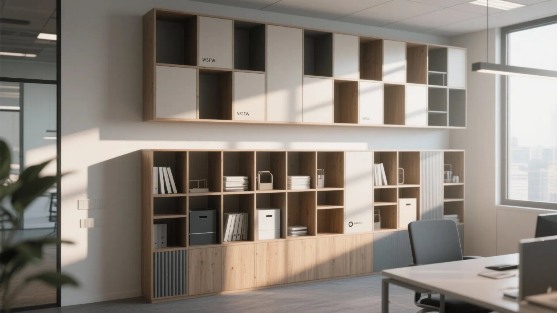 Small office wall with tall shelves and modular storage units