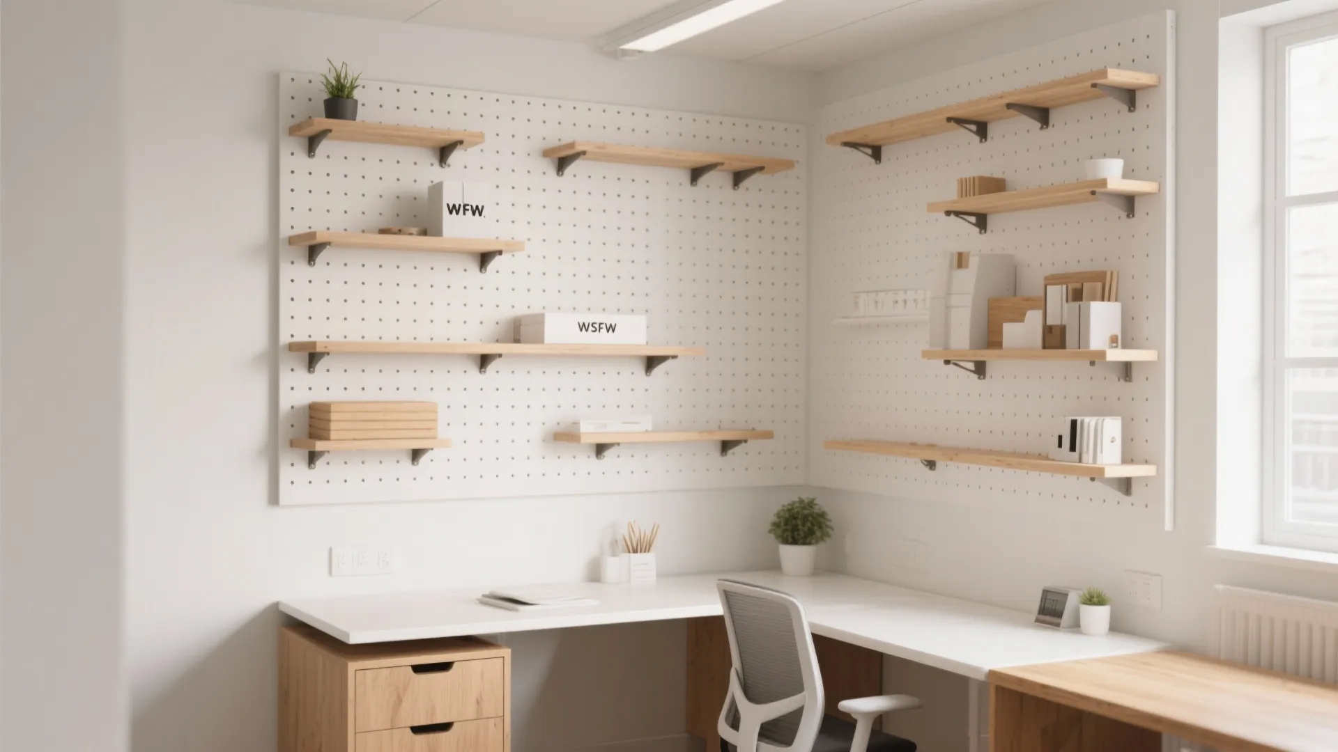 Small office desk with tall shelves and wall storage