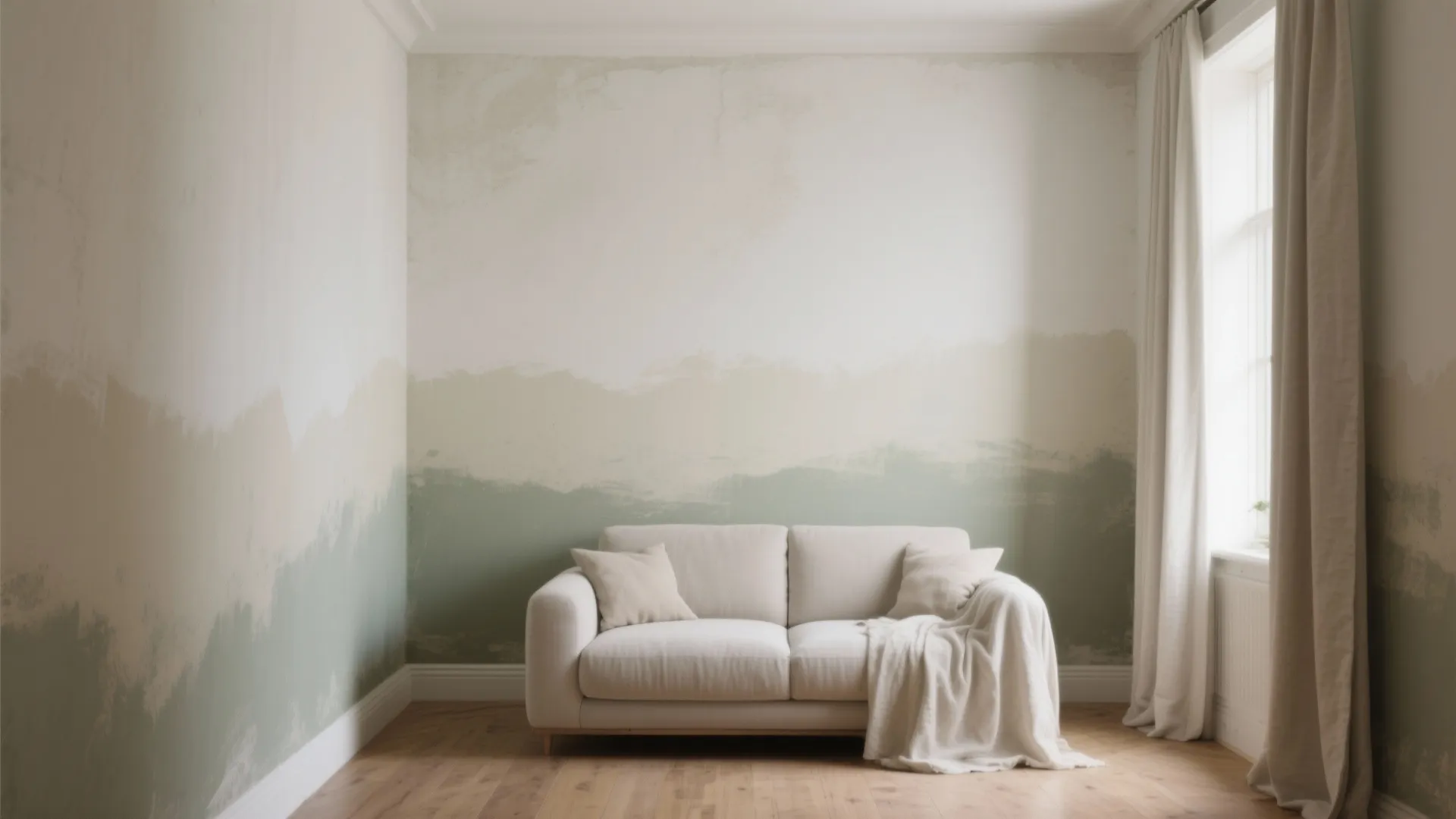Minimalist room with beige sofa, green ombre wall paint, wooden floor, and white window curtains