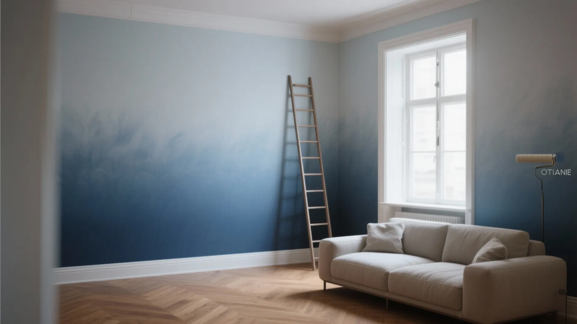Interior room with blue ombre wall panel light grey sofa wooden ladder and large window