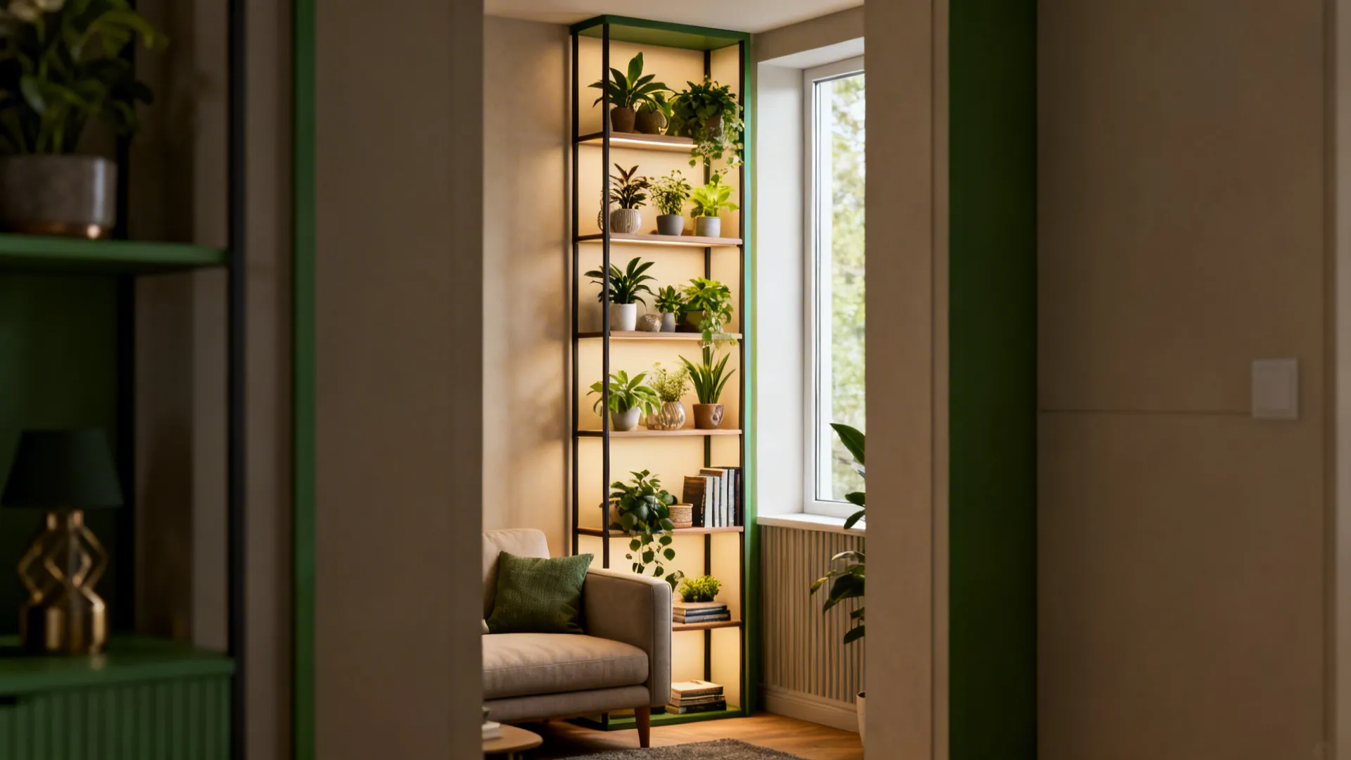 Tall open shelving styled with plants and books to add height and storage.