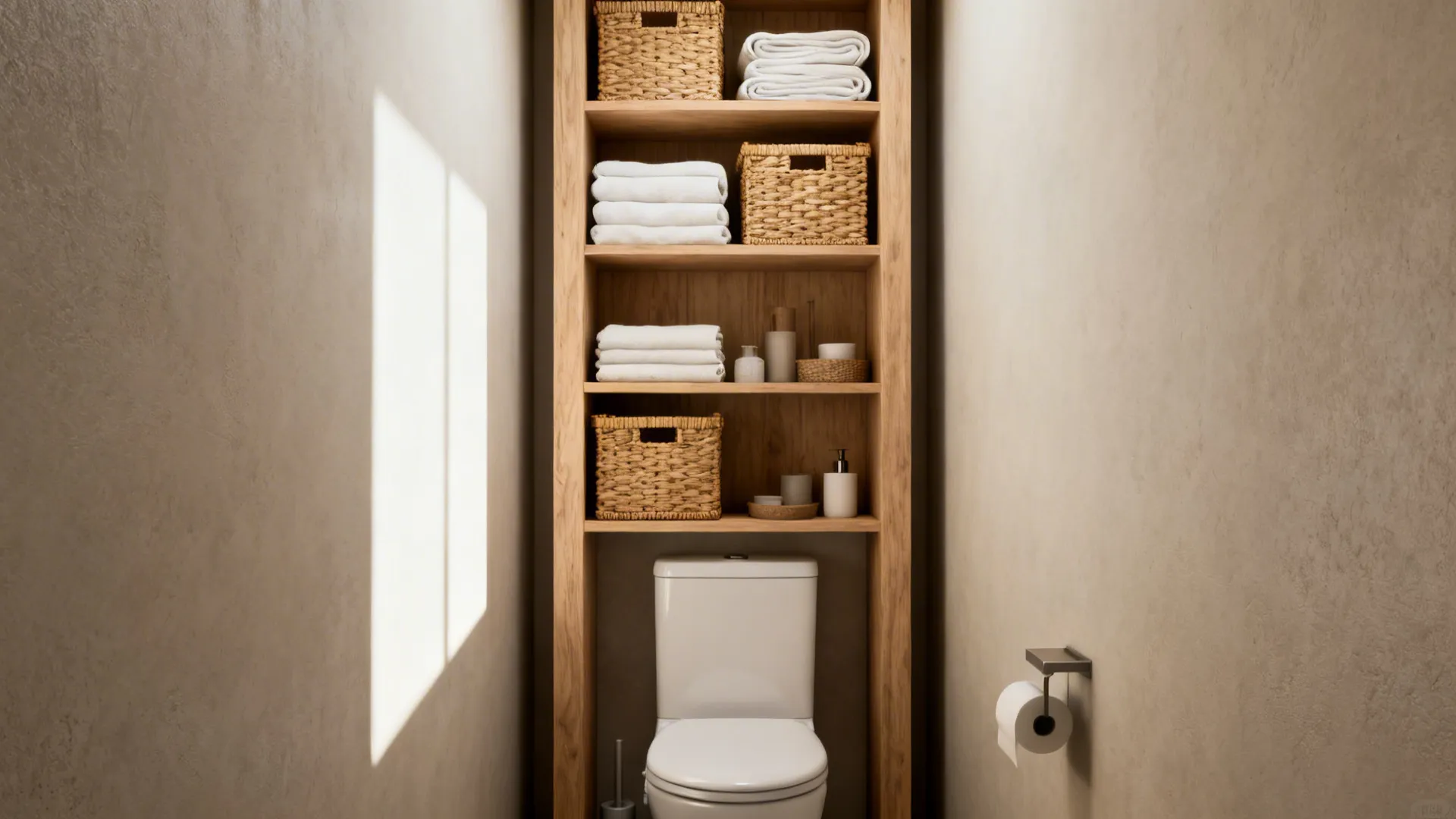 Vertical open wooden shelves above toilet with woven baskets and folded linens in a small bathroom.