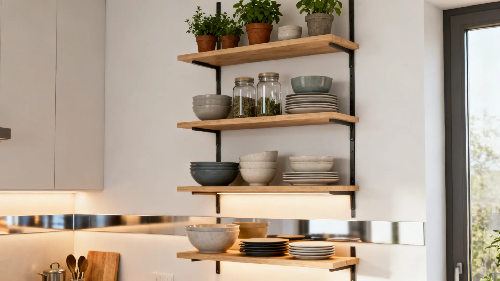 Vertical open wood shelving in a small kitchen styled with dishes and herbs to maximize storage and airy feel.