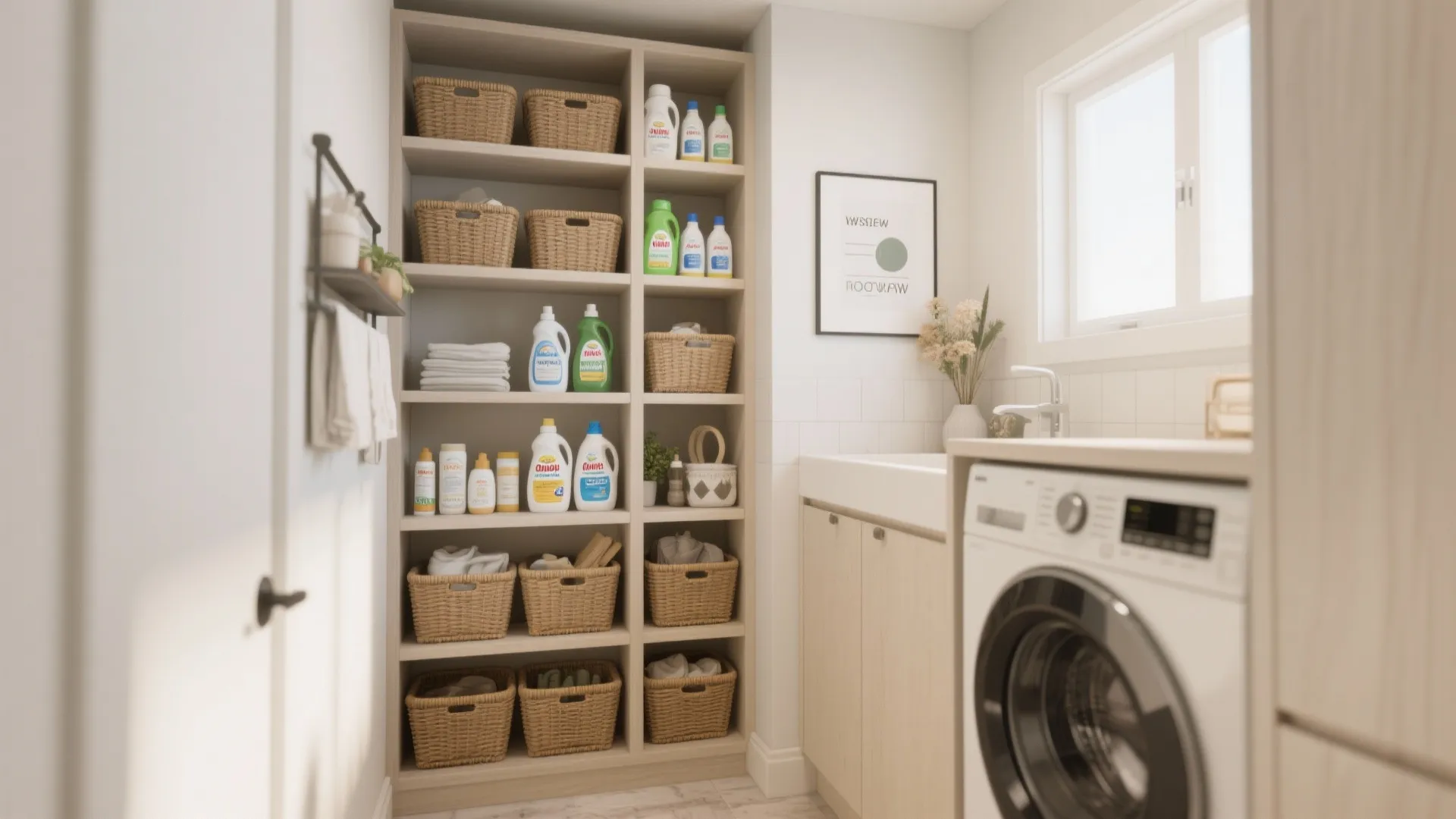 Well organized laundry room with tall wooden shelving unit holding several woven baskets and bottles
