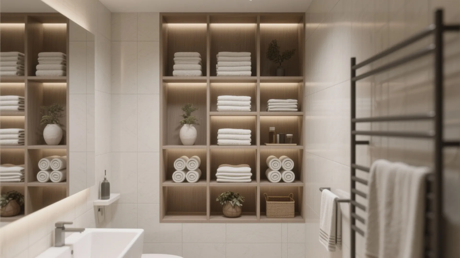 Modern bathroom wooden wall shelves with warm lighting holding white towels plants and small baskets