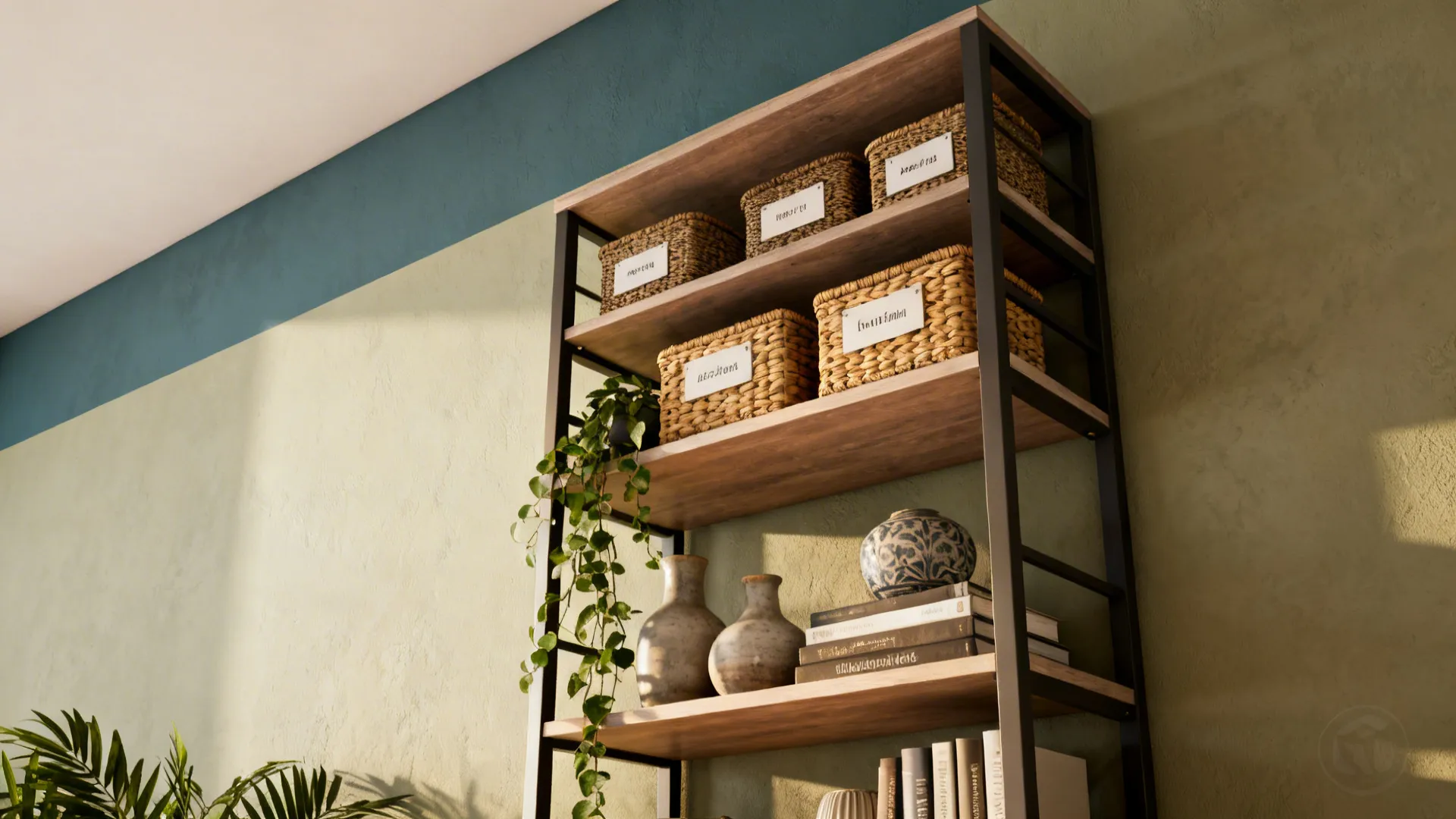 Tall open shelving on a contrasting accent wall with labeled baskets, plants and grouped decor.